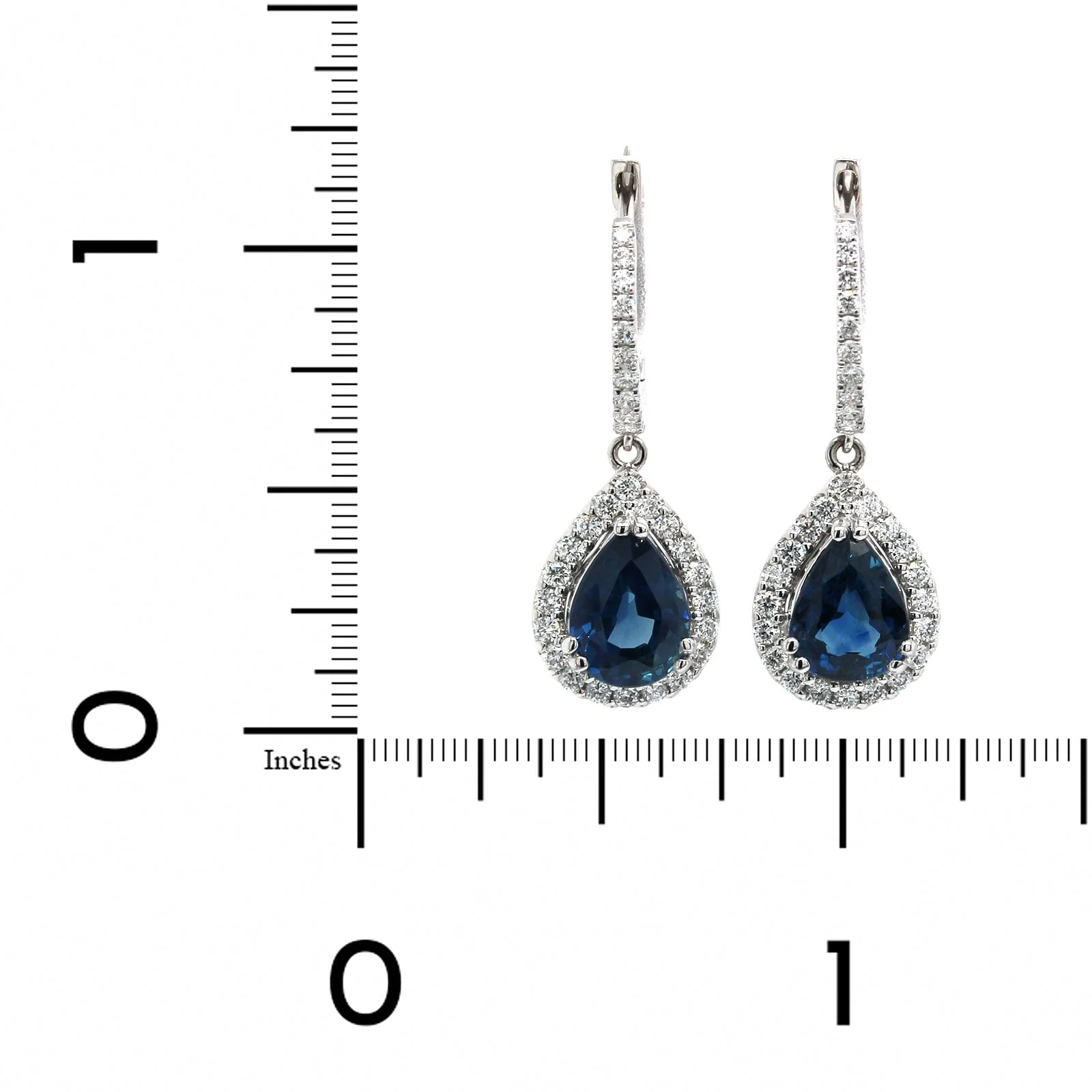 18K White Gold Sapphire Diamond Halo Drop Earrings - Image 2