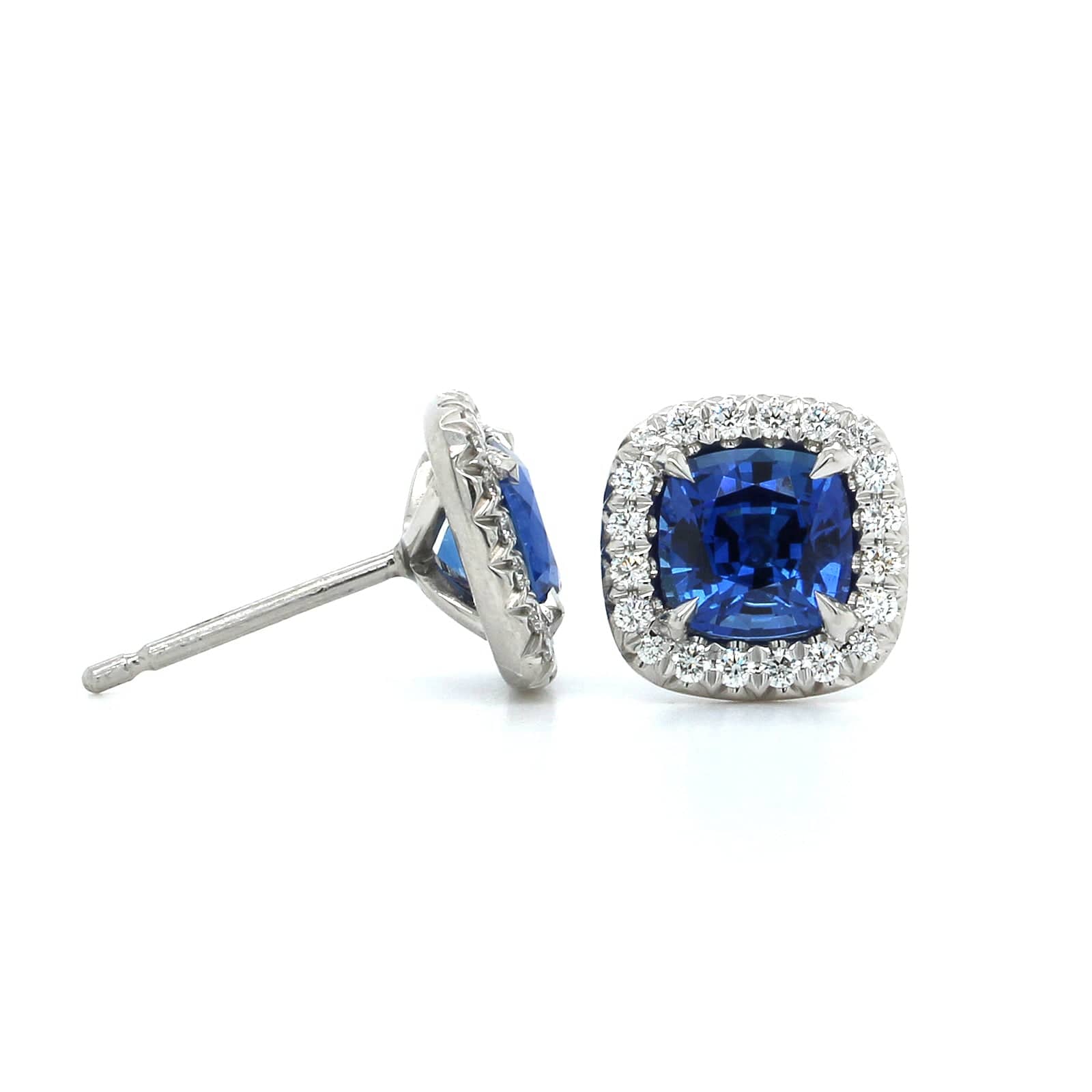 Platinum Sapphire Diamond Halo Stud Earrings - Image 3