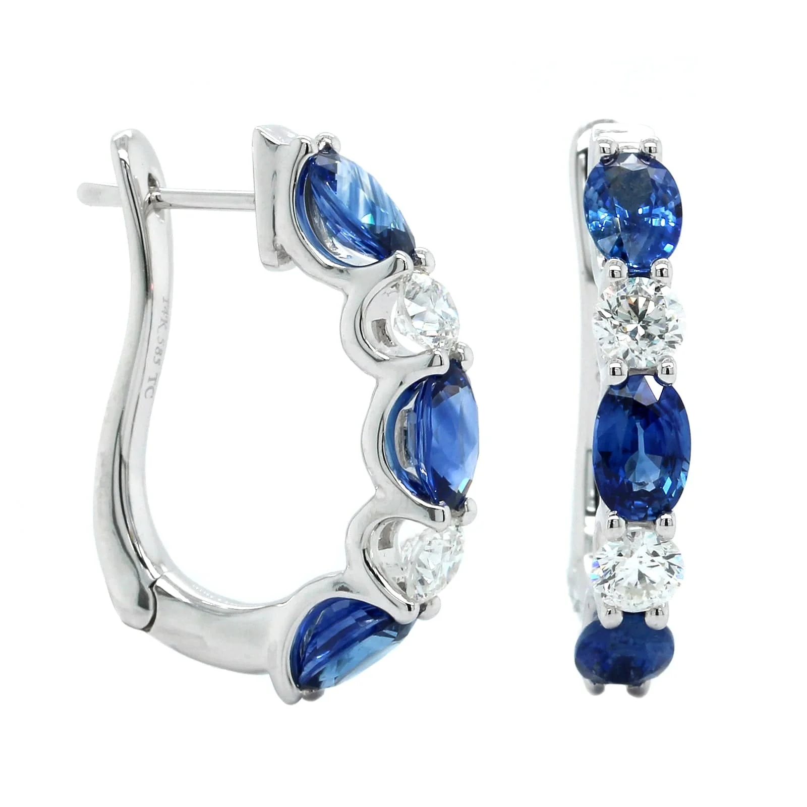 14K White Gold Oval Sapphire and Diamond Huggie Earrings - Image 3