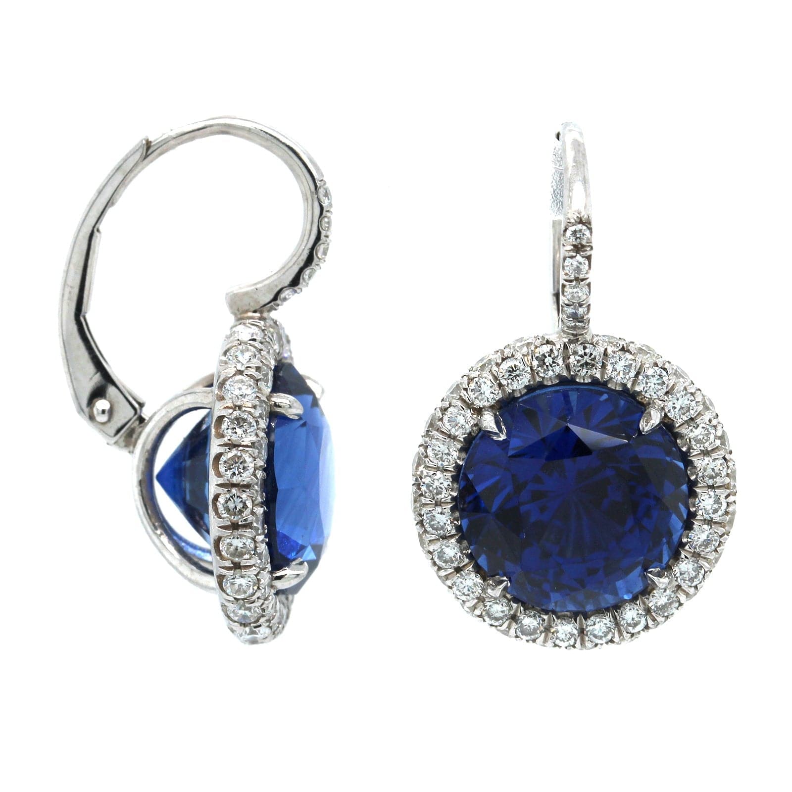 Platinum Round Sapphire Diamond Halo Drop Earrings - Image 2