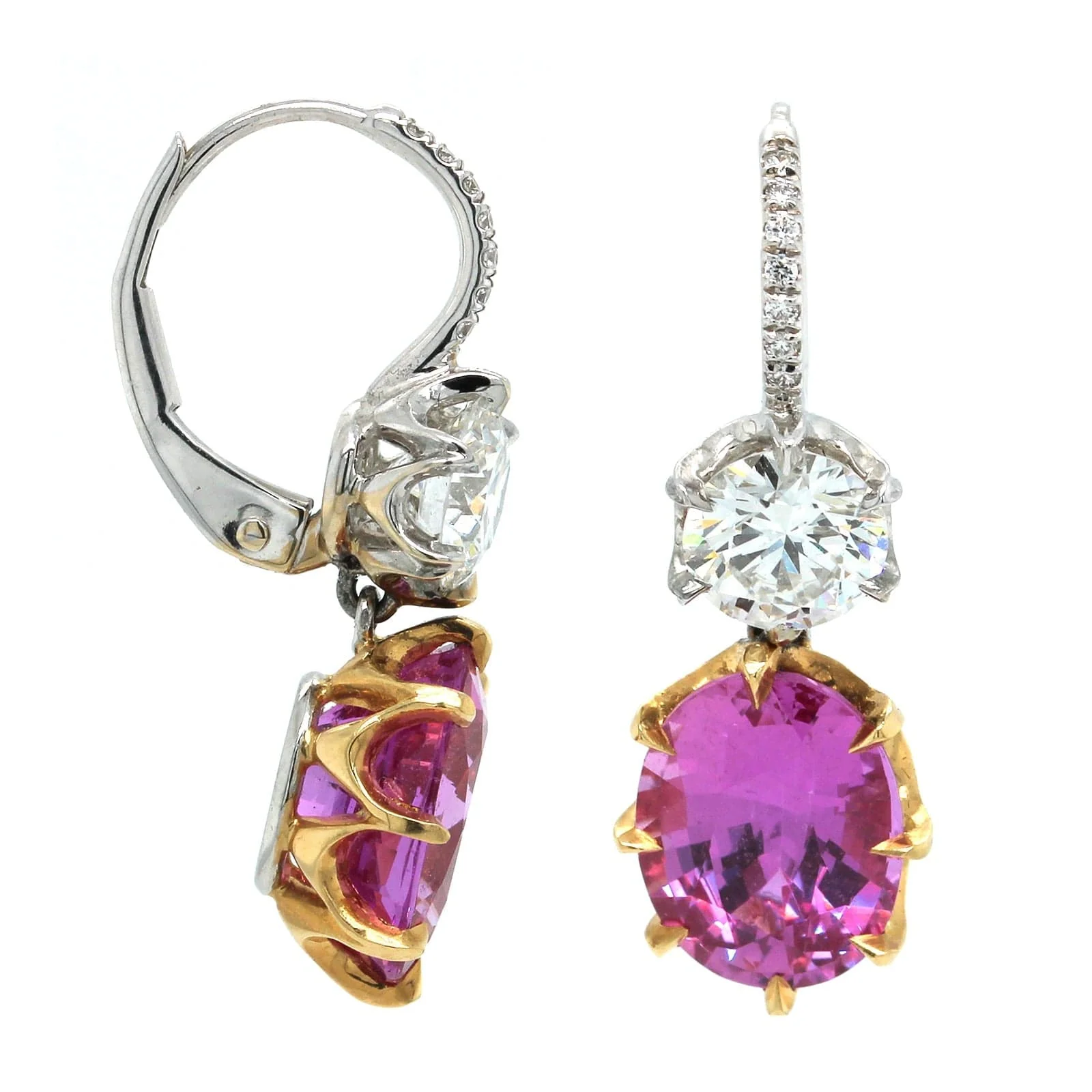 18K Two-Tone Pink Sapphire and Diamond Drop Earrings - Image 3