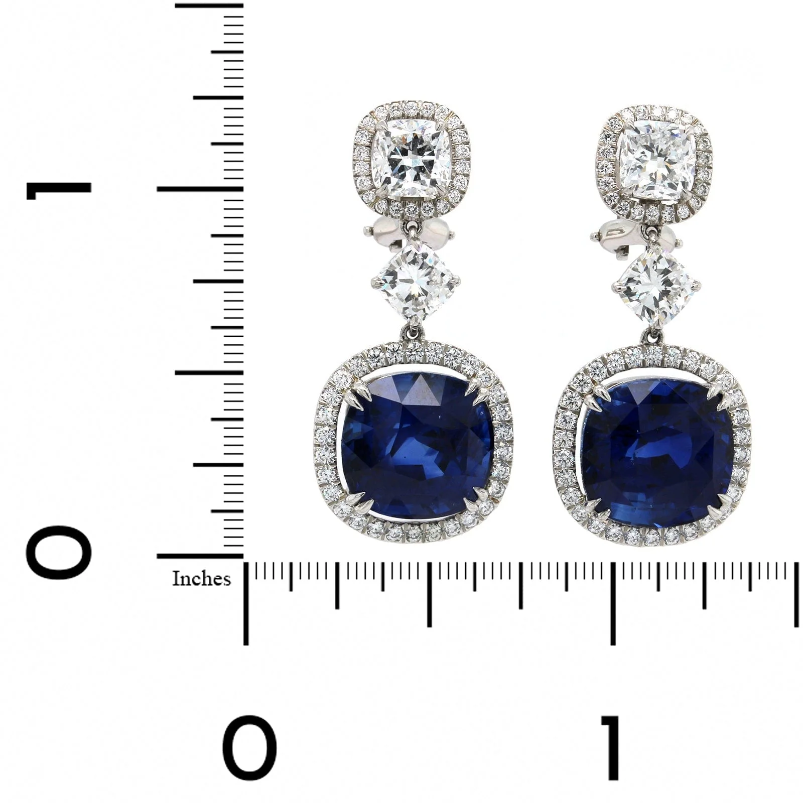 Platinum Cushion Sapphire Diamond Drop Earrings - Image 2