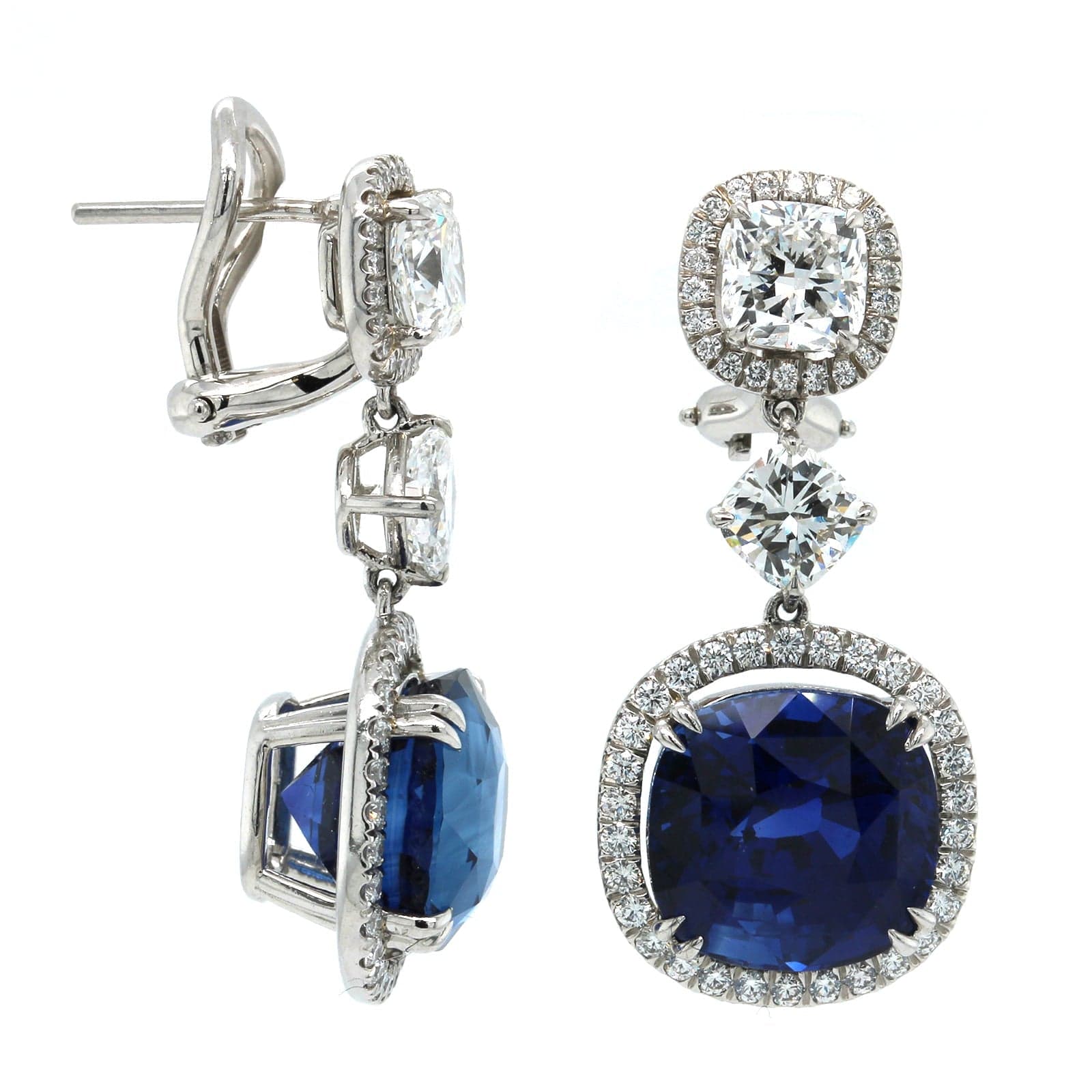 Platinum Cushion Sapphire Diamond Drop Earrings - Image 3