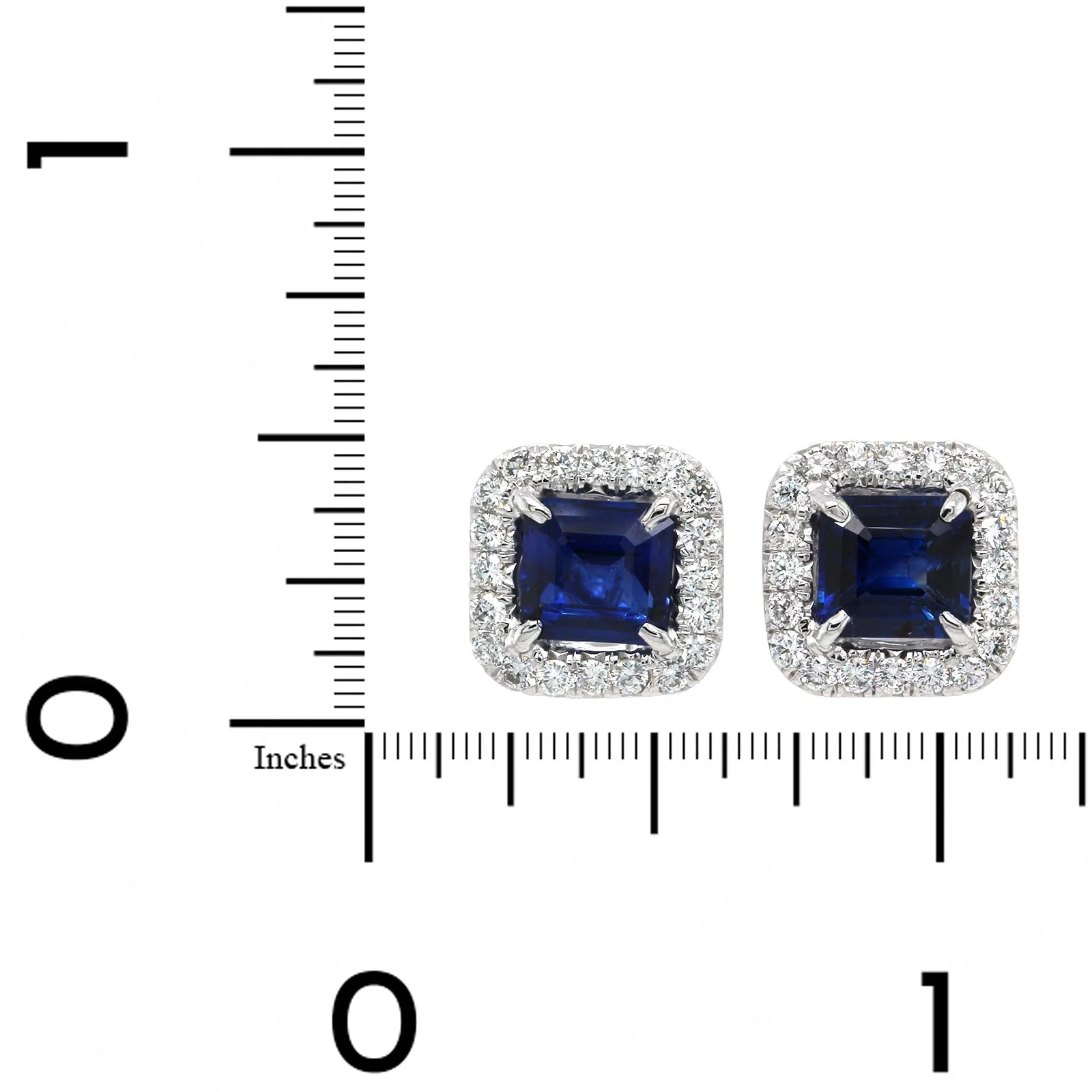 Platinum Square Emerald Cut Sapphire Diamond Halo Stud Earrings - Image 2