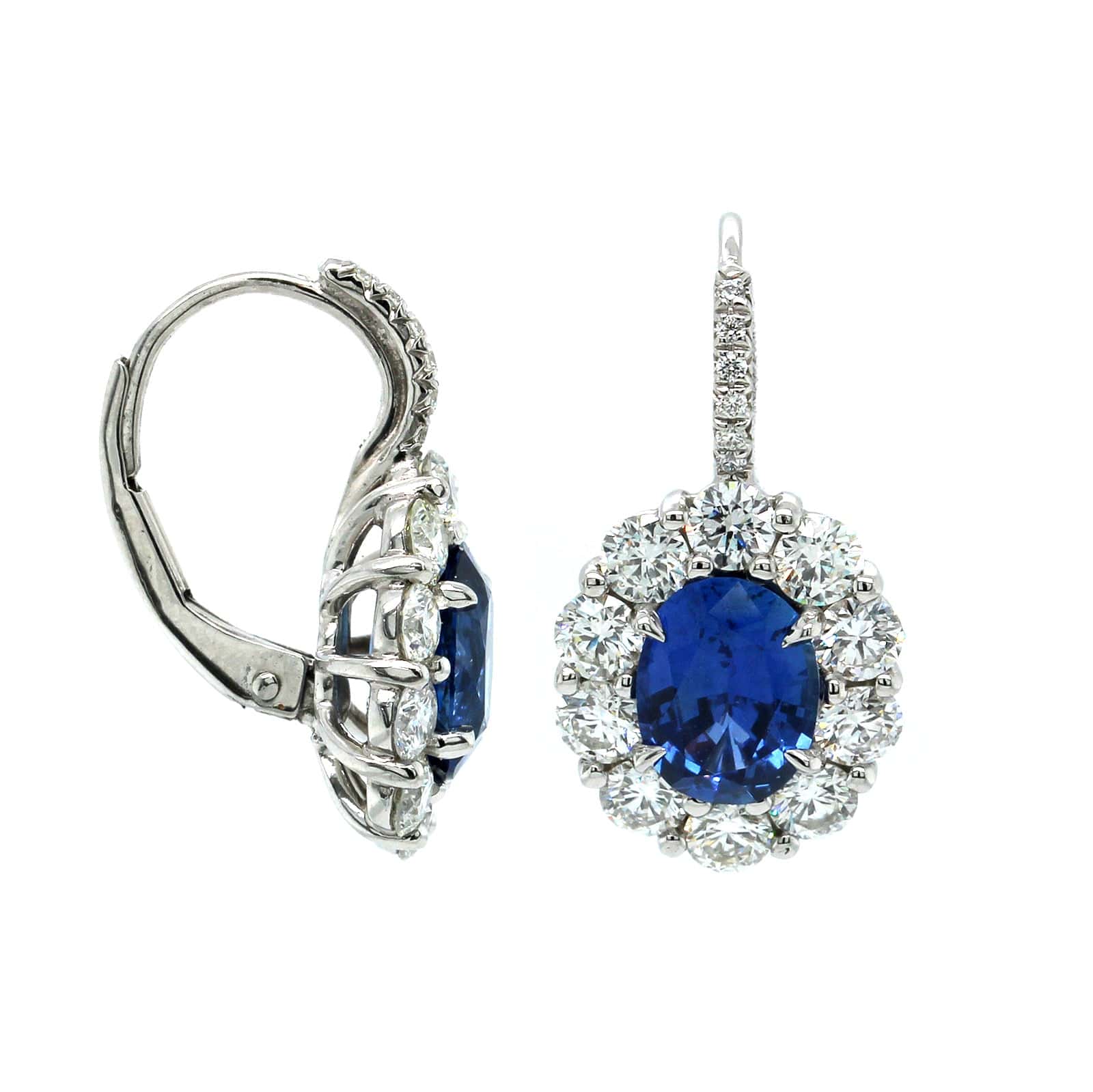 Platinum Sapphire and Diamond Halo Dangle Earrings - Image 3