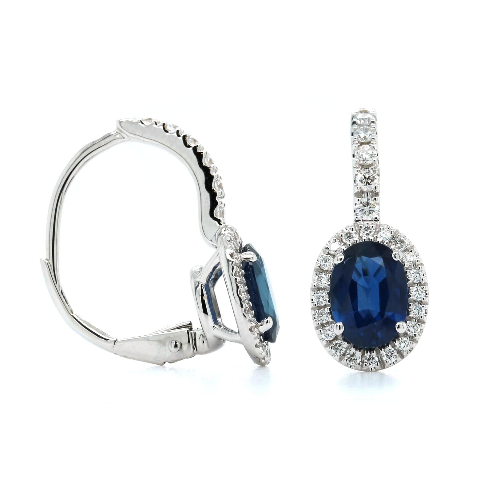 18K White Gold Diamond and Sapphire Halo Dangle Earrings - Image 3