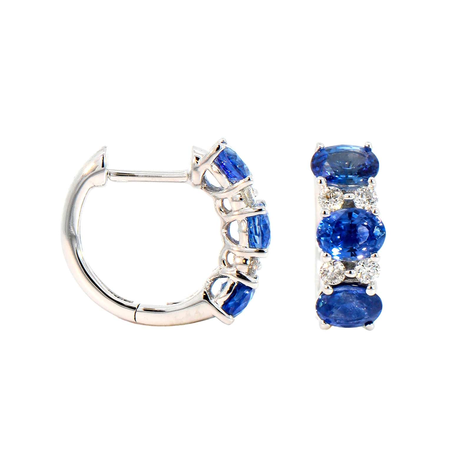 14K White Gold Alternating Diamond & Sapphire Huggie Earrings - Image 3