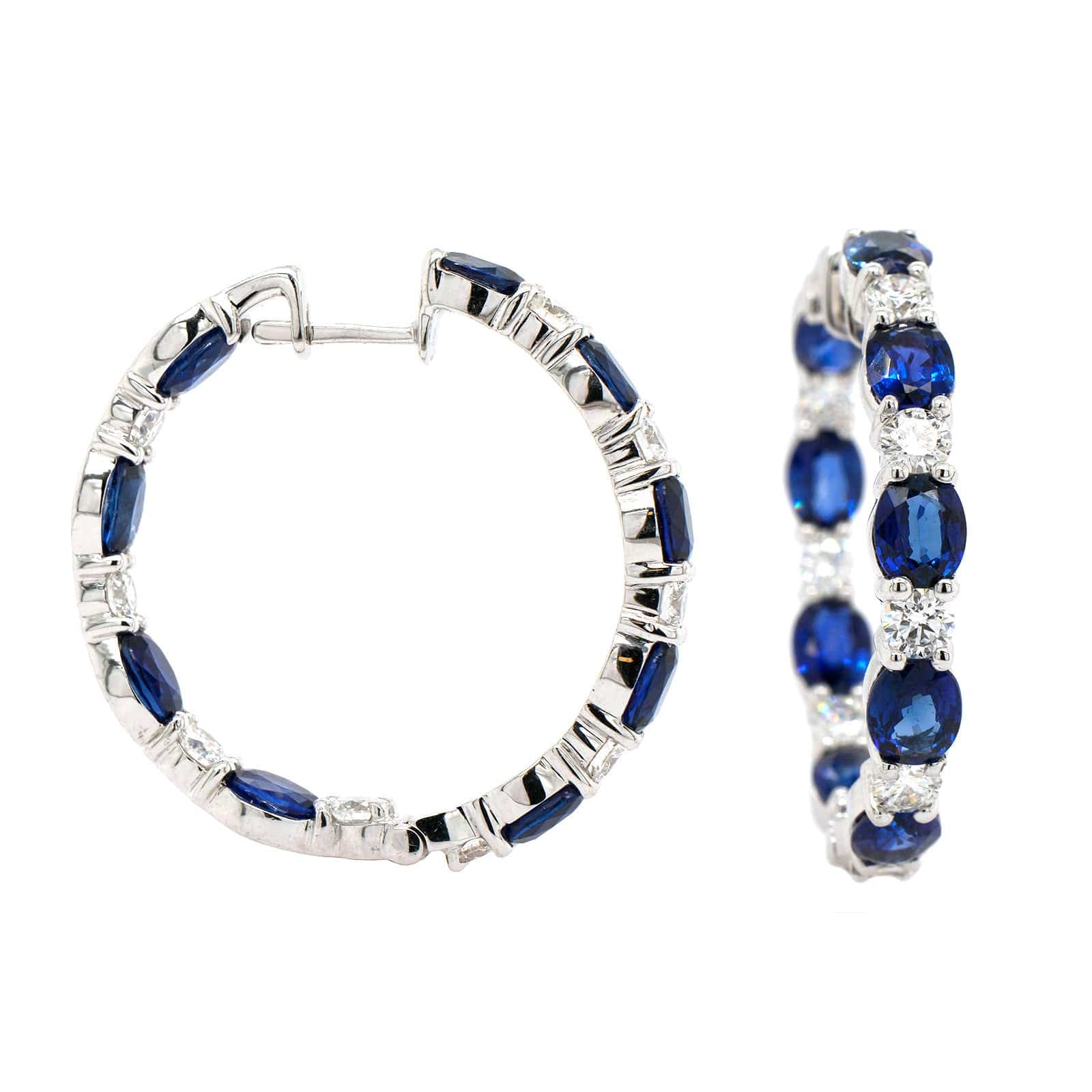 18K White Gold Diamond and Sapphire Hoops - Image 3