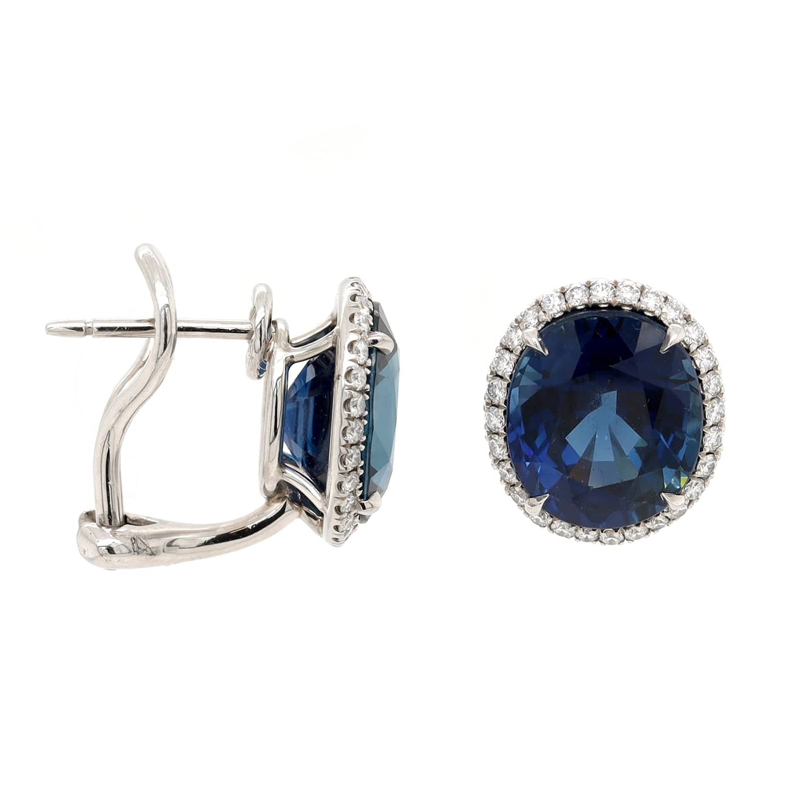 Platinum Oval Sapphire and Diamond Halo Stud Earrings