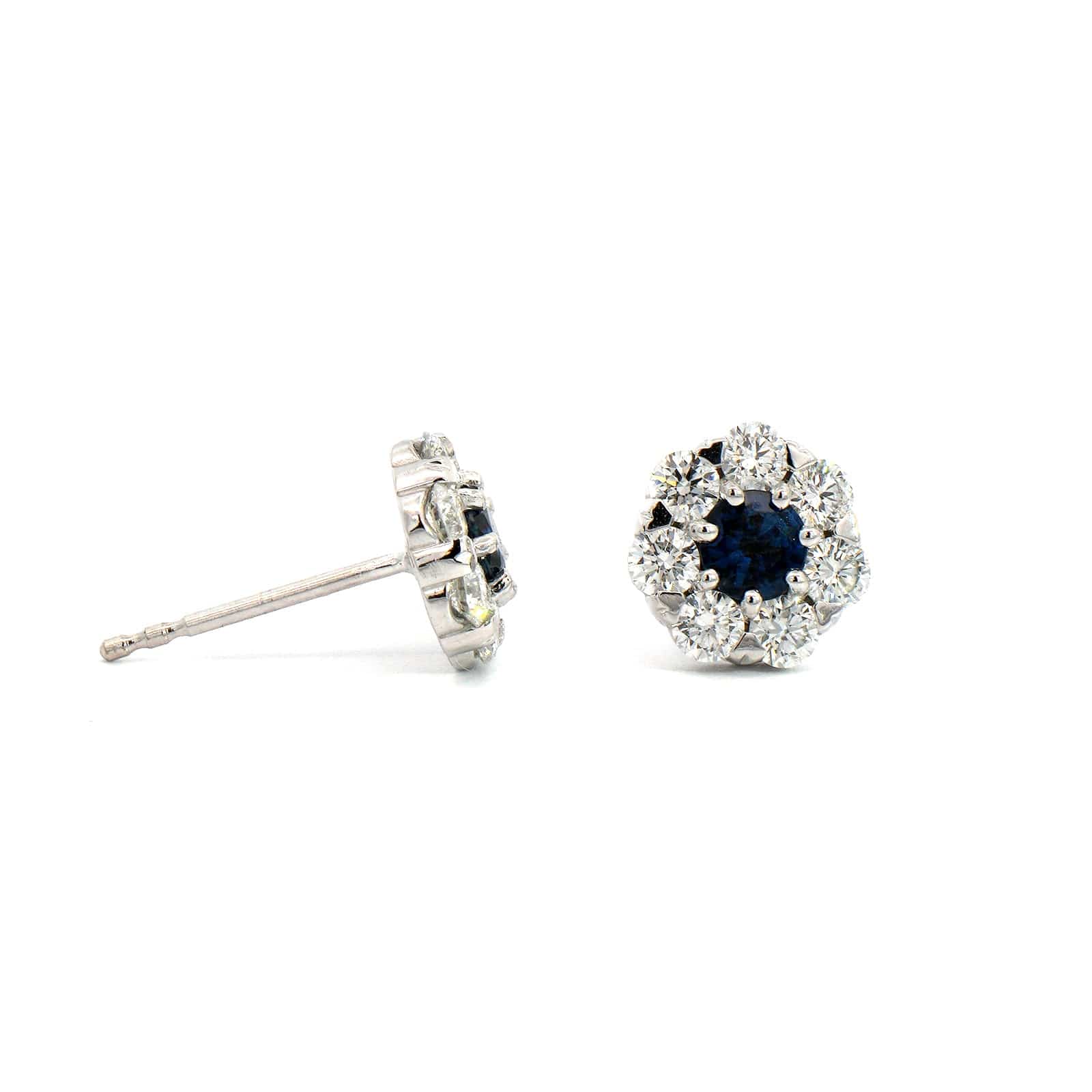 14K White Gold Round Sapphire and Diamond Halo Stud Earrings - Image 2
