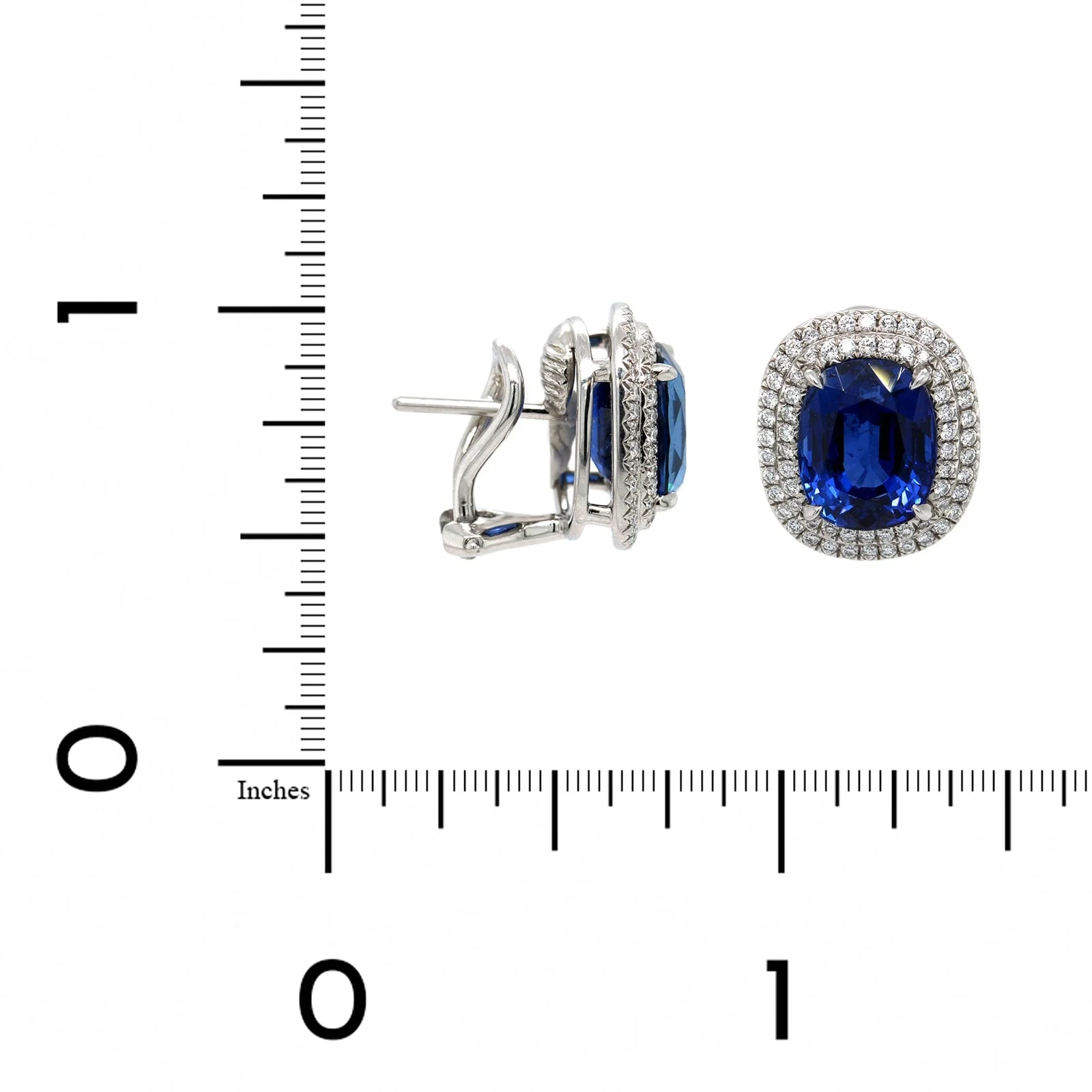 Platinum Cushion Cut Blue Sapphire & Double Diamond Halo Studs - Image 2