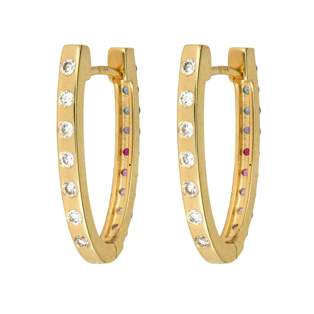 Three Stories 14K Yellow Gold Medium Double Sided Oval Sapphire and Diamond Hoops - Image 2