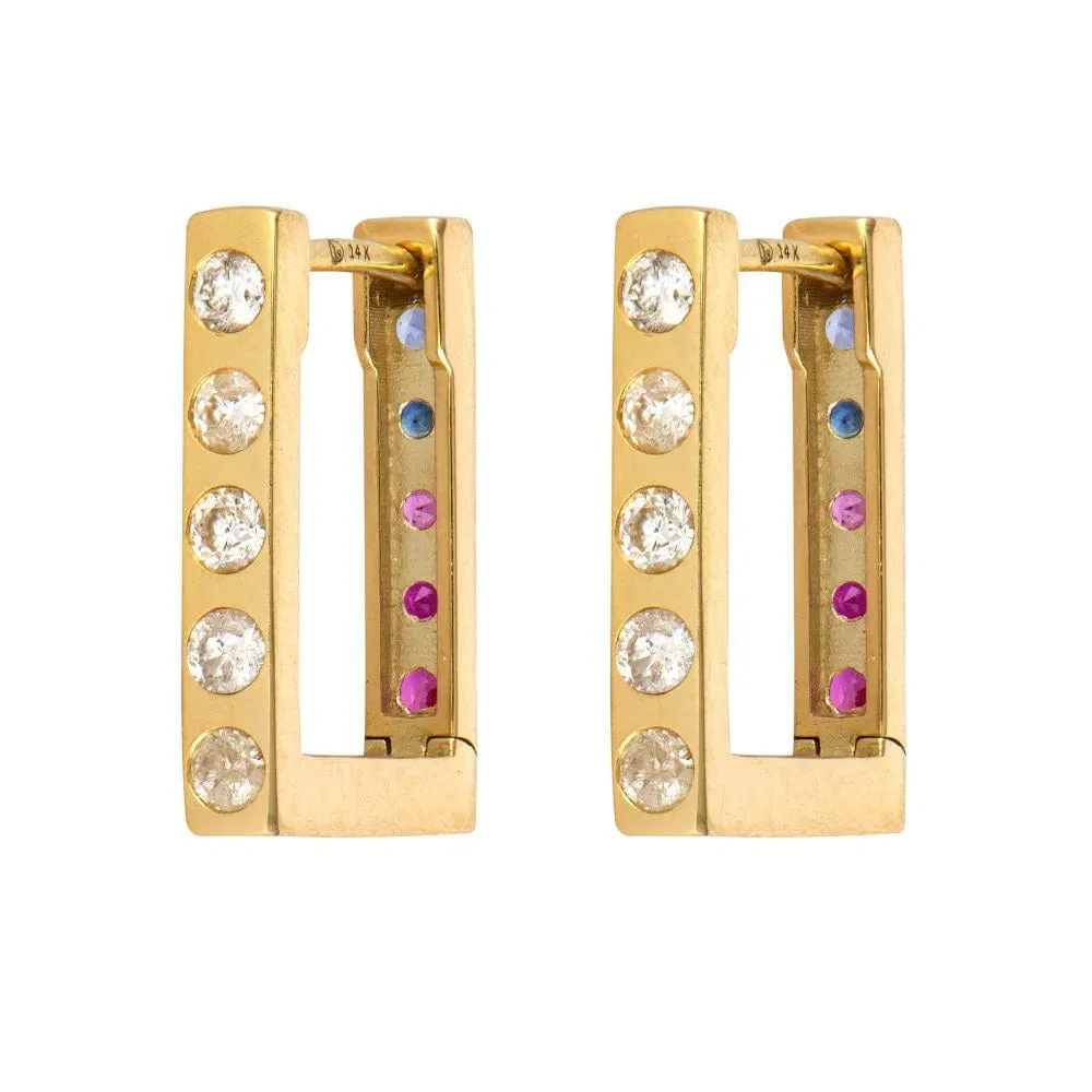 Three Stories 14K Yellow Gold Double Sided Sapphire and Diamond Rectangular Hoops - Image 2