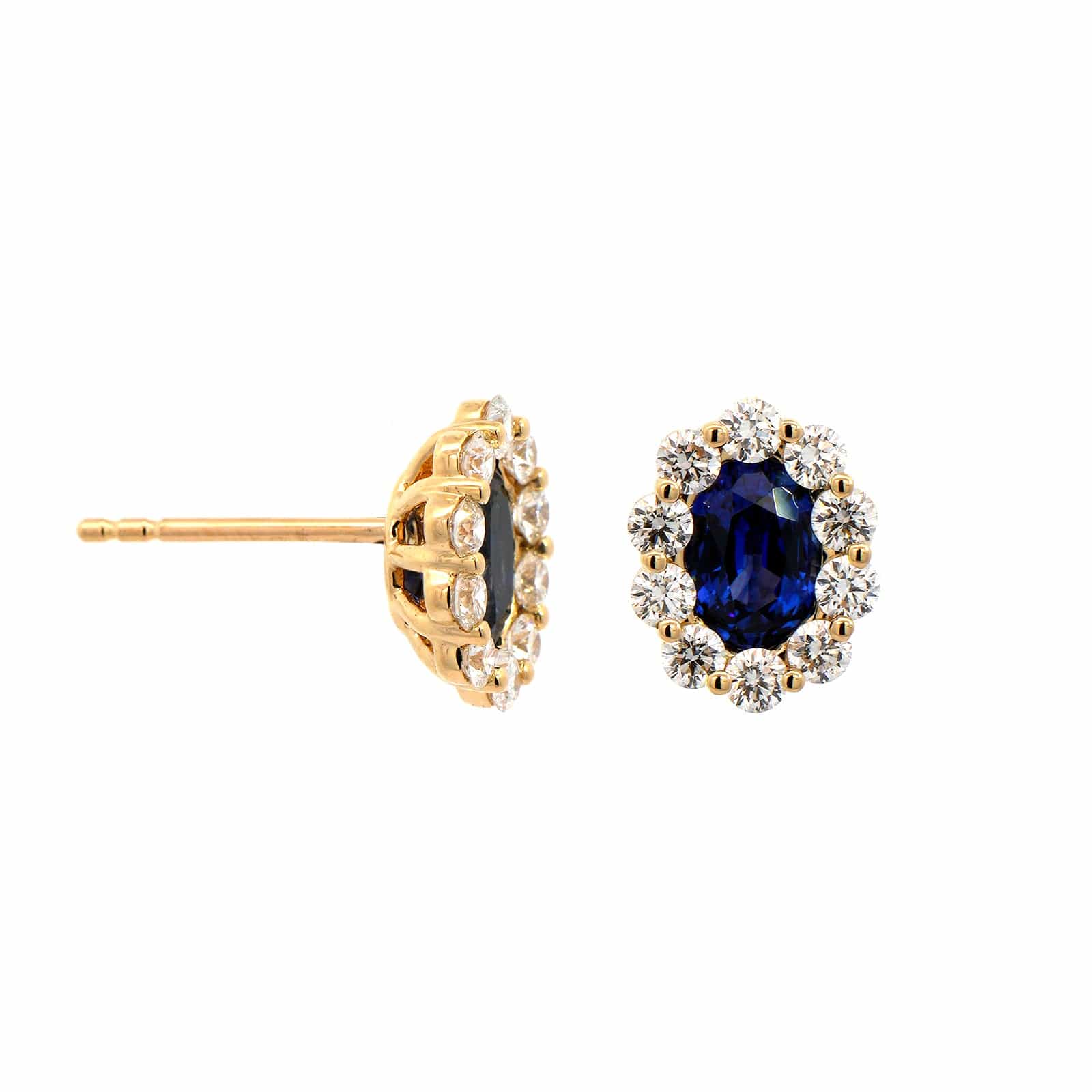 18K Yellow Gold Oval Sapphire and Diamond Halo Earrings - Image 3