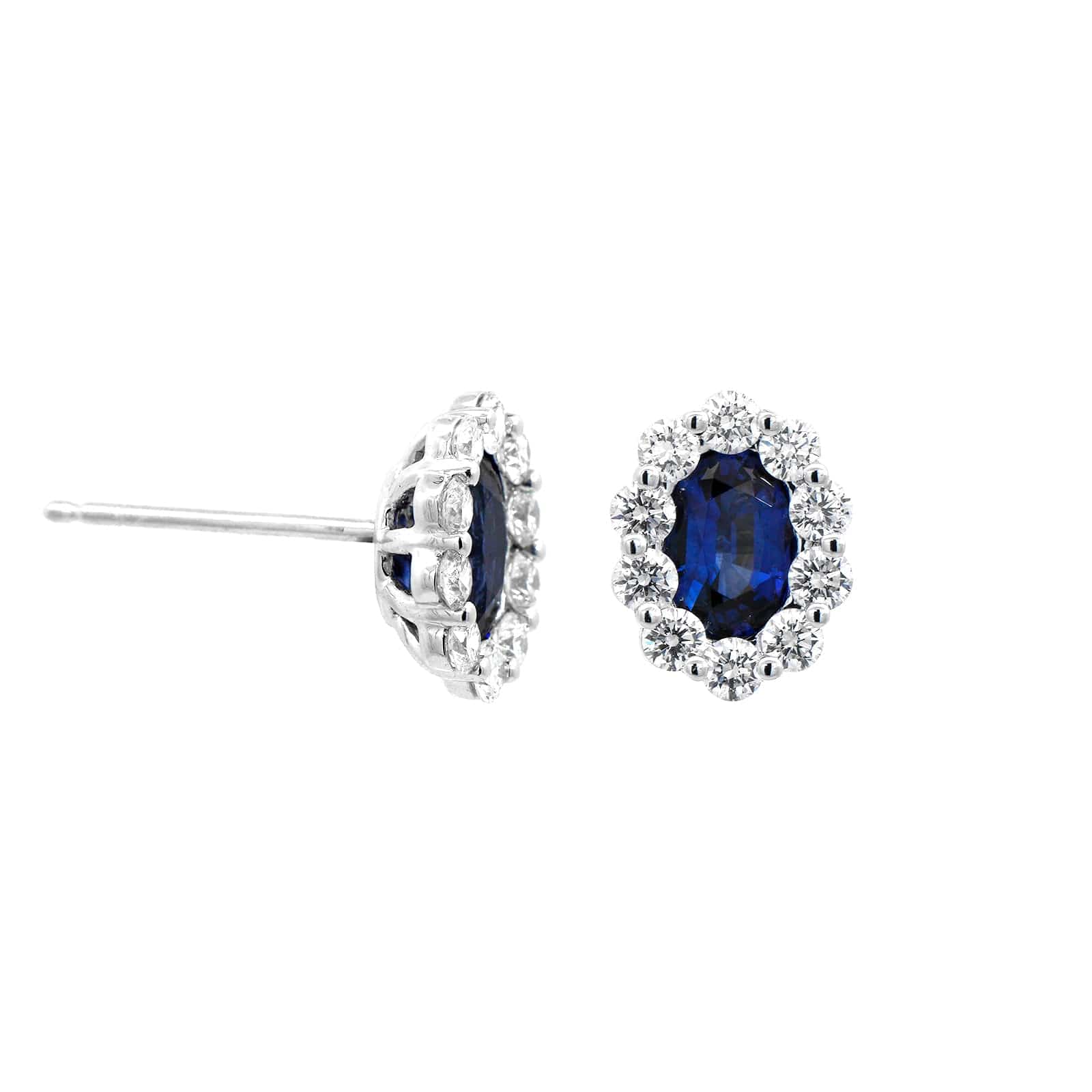 14K White Gold Oval Sapphire and Round Diamond Halo Stud Earrings