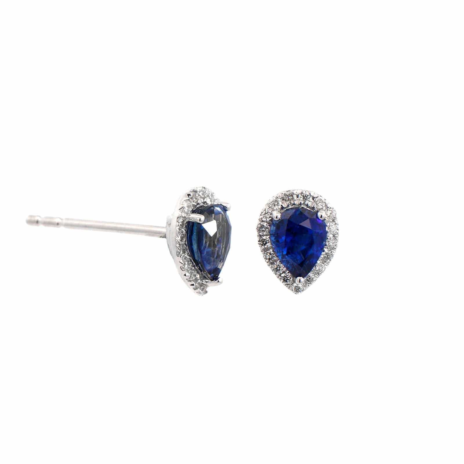14K White Gold Diamond & Pear Shaped Sapphire Stud Earrings - Image 3