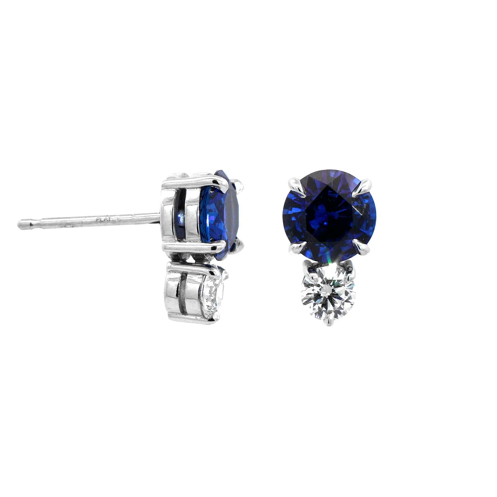 Platinum Round Blue Sapphire and Diamond Stud Earrings - Image 3