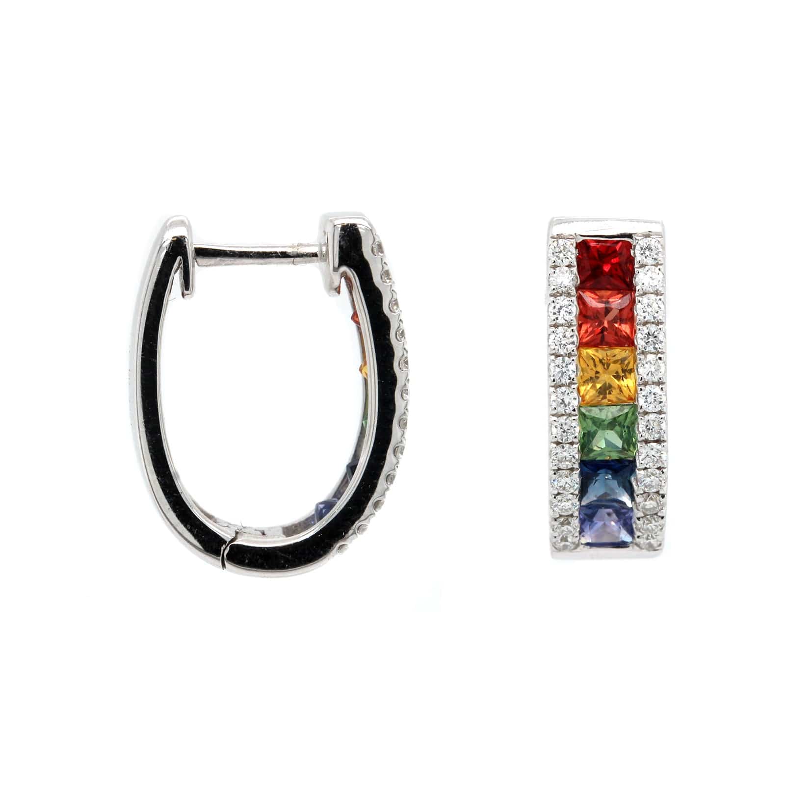 14K White Gold 3 Row Rainbow Sapphire and Diamond Hoop Earrings