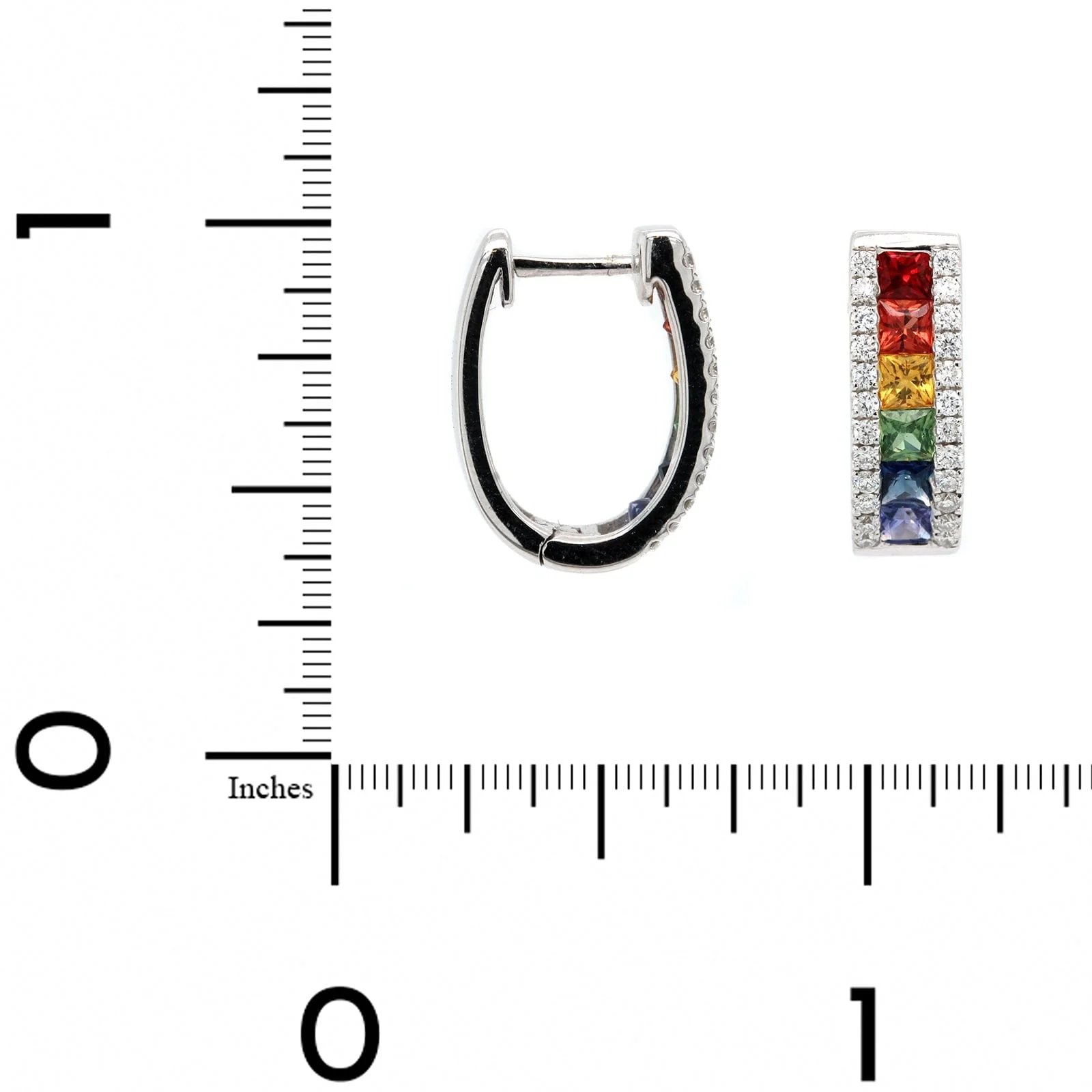 14K White Gold 3 Row Rainbow Sapphire and Diamond Hoop Earrings - Image 2