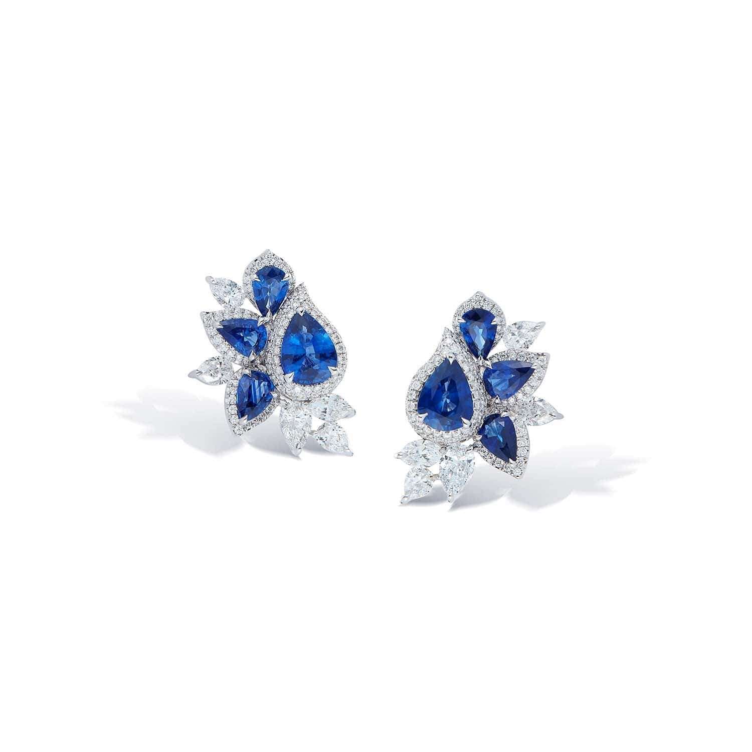 18K White Gold Pear Shaped Blue Sapphire and Diamond Halo Cluster Earrings