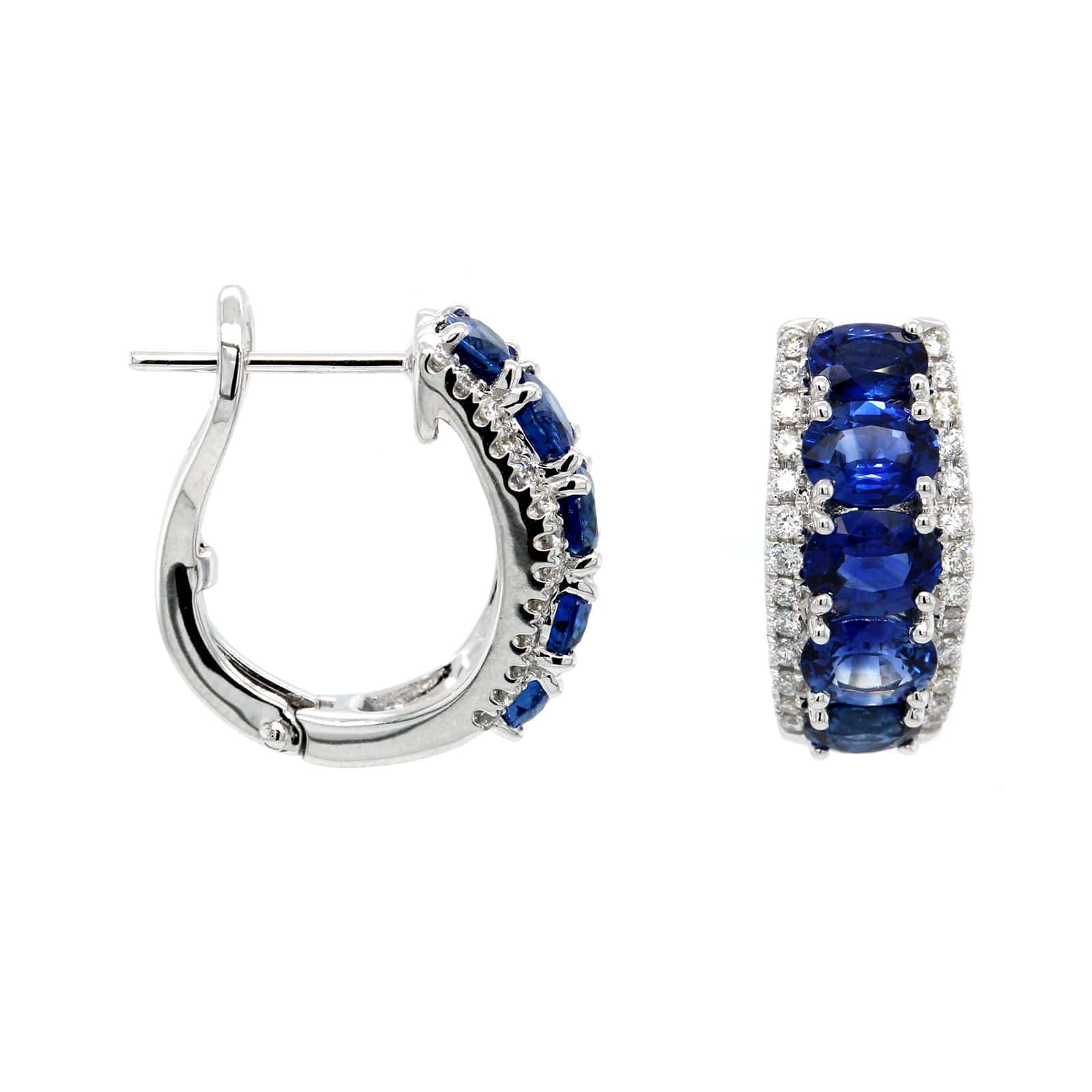 14K White Gold Blue Sapphire and Diamond Huggie Earrings - Image 3