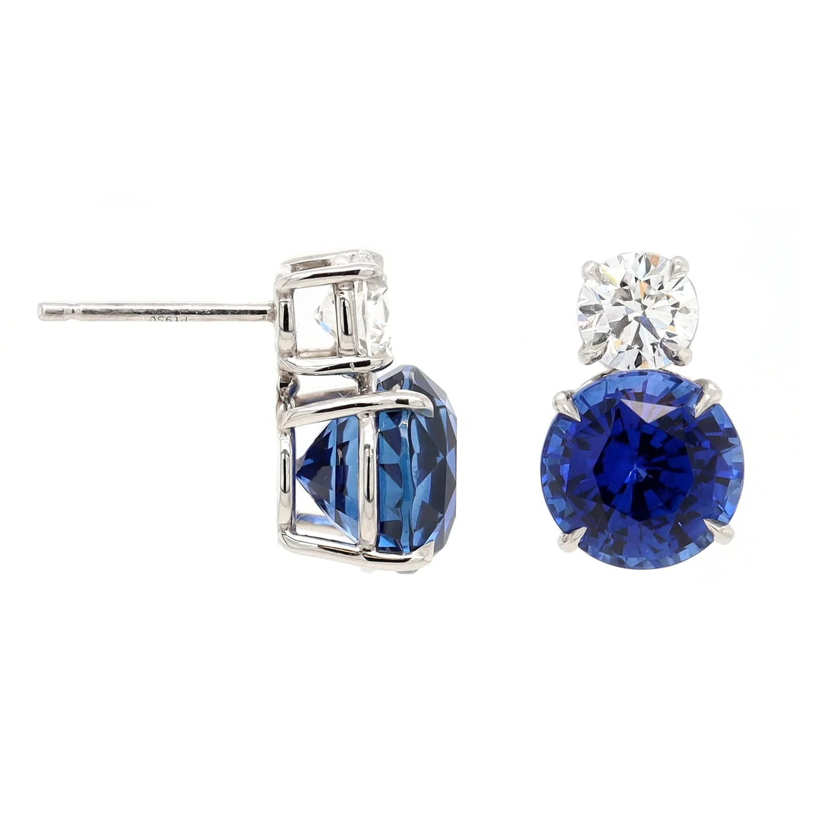 Platinum Round Sapphire & Diamond Stud Earrings - Image 3