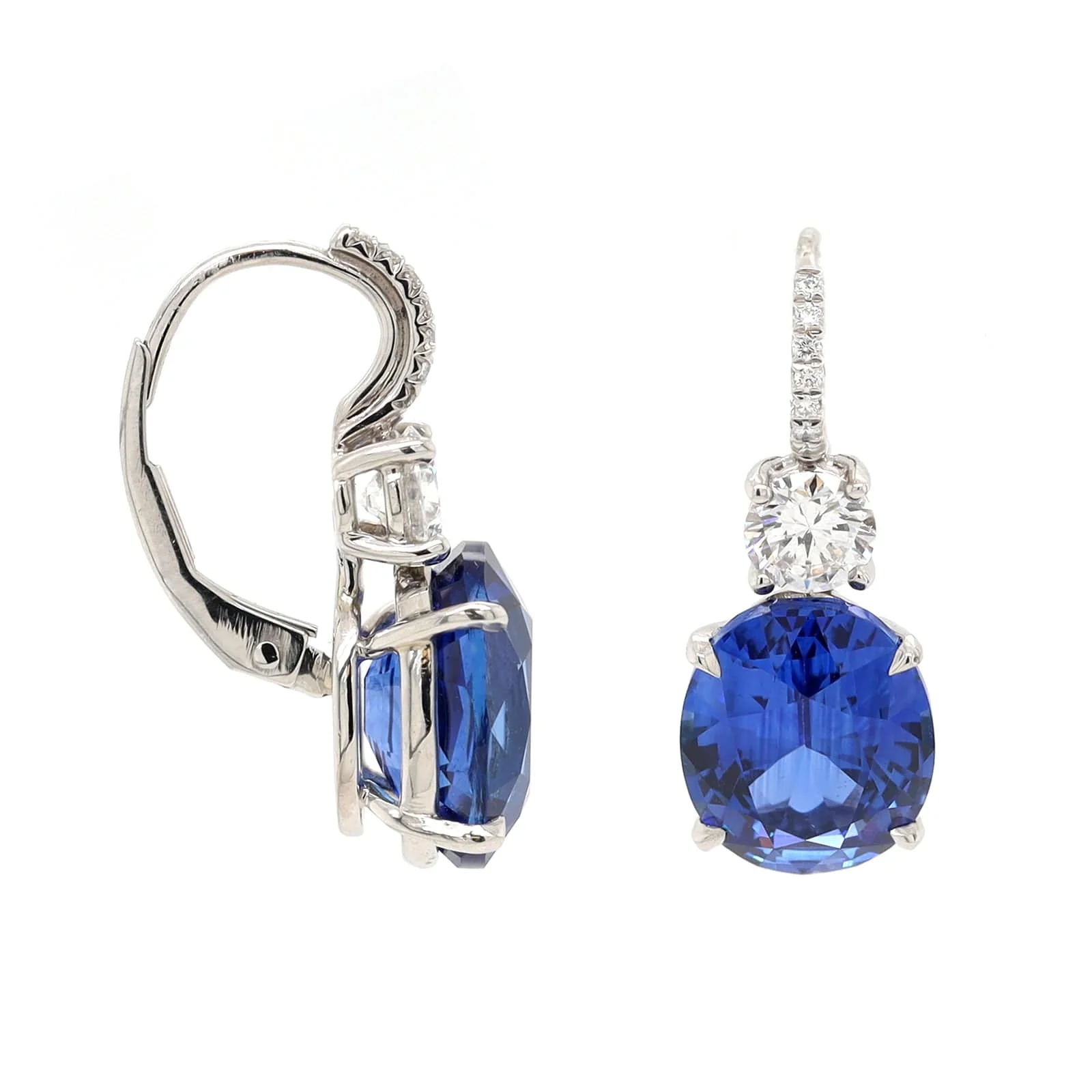 Platinum Oval Blue Sapphire & Round Diamond Stud Earrings