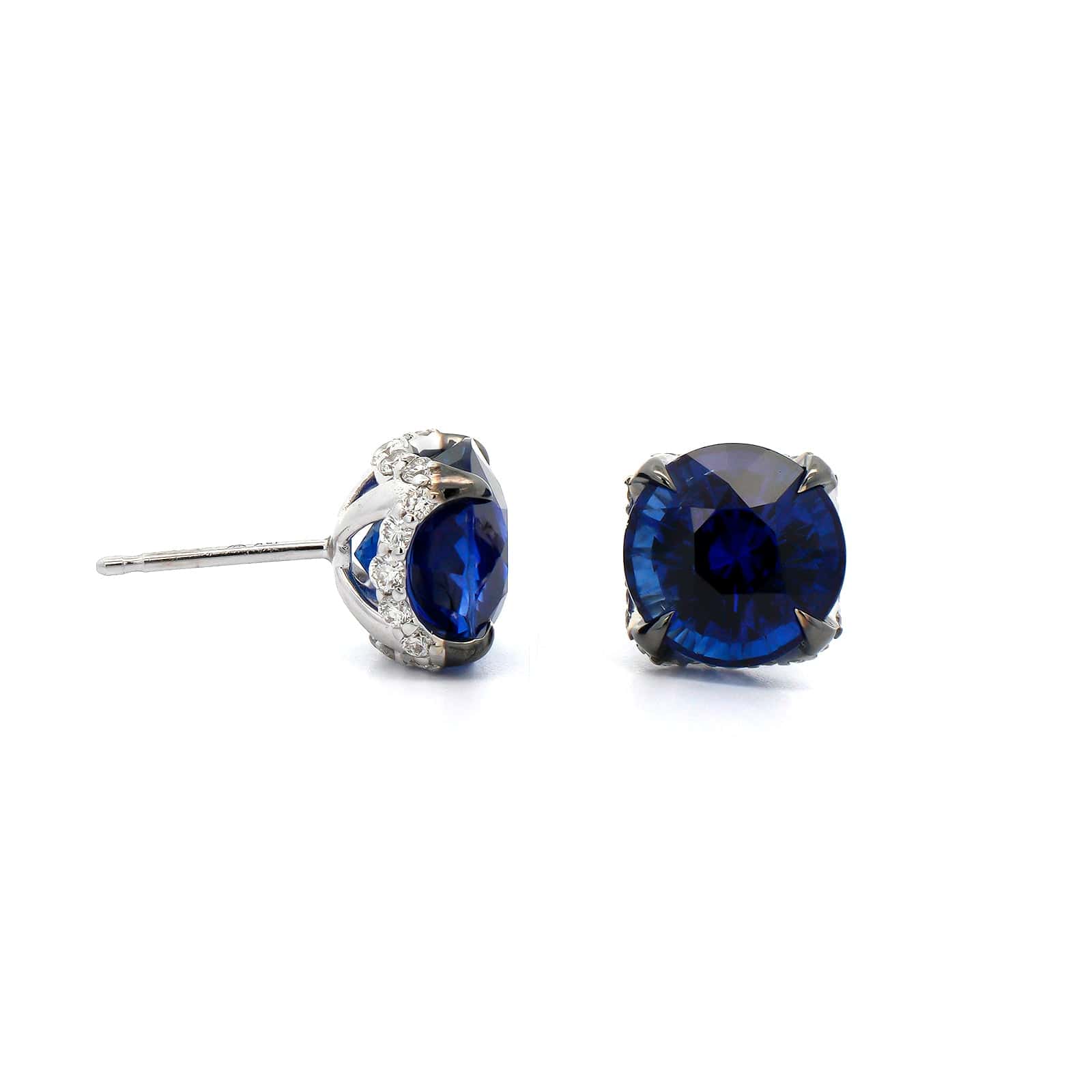 18K White Gold 4 Prong Sapphire and Diamond Stud Earrings - Image 3