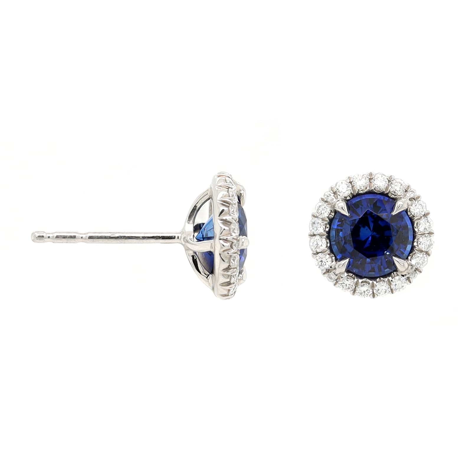 Platinum Round Blue Sapphire and Diamond Halo Stud Earrings