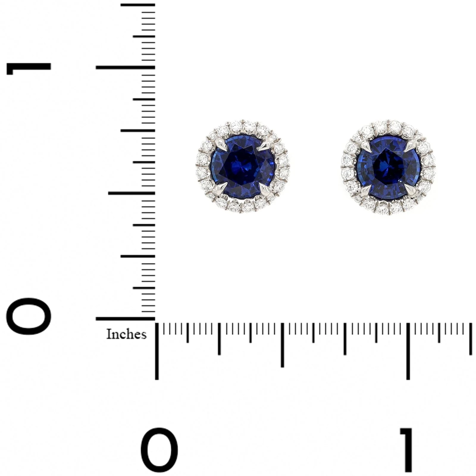 Platinum Round Blue Sapphire and Diamond Halo Stud Earrings - Image 2