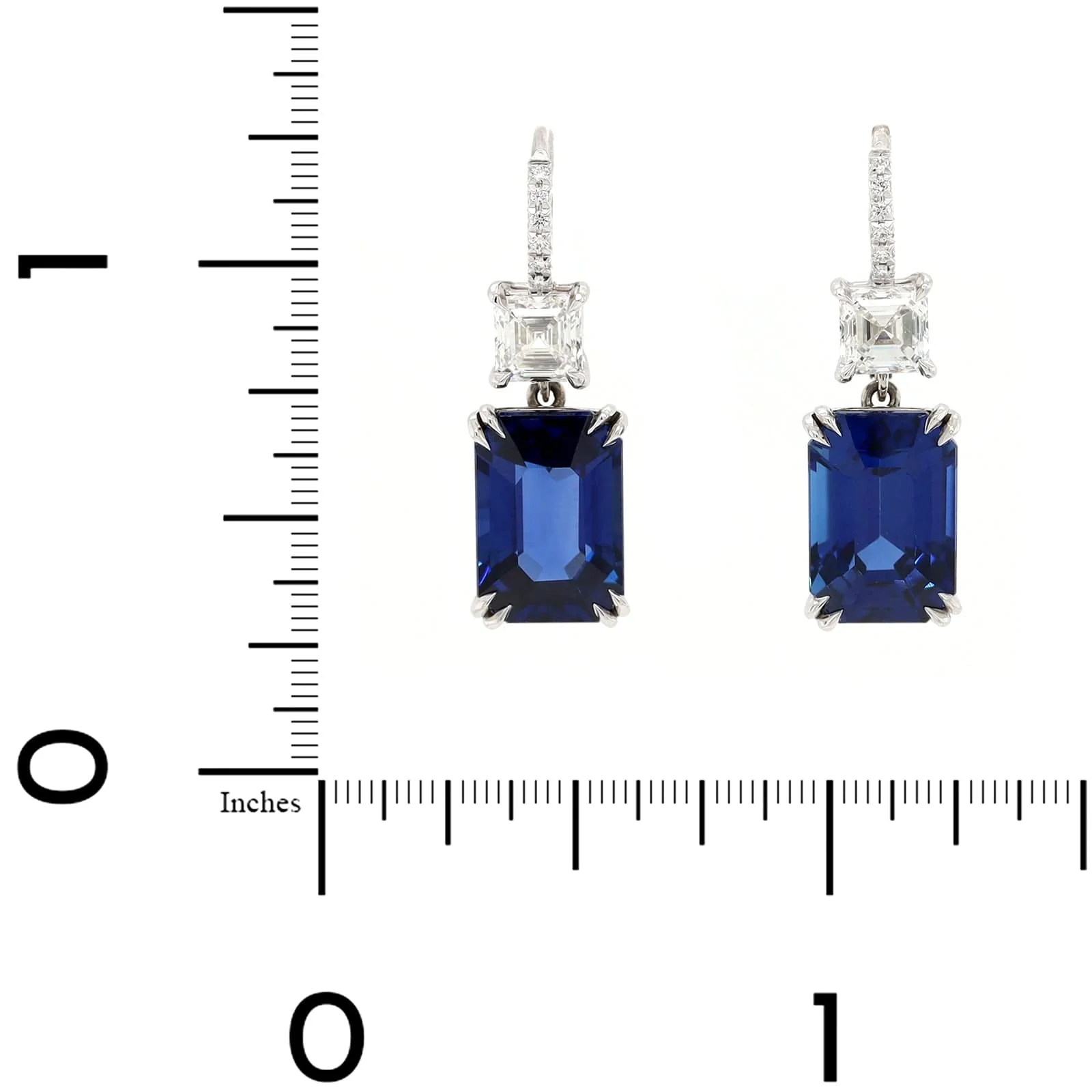 Platinum Asscher Cut Sapphire and Diamond Drop Earrings - Image 2