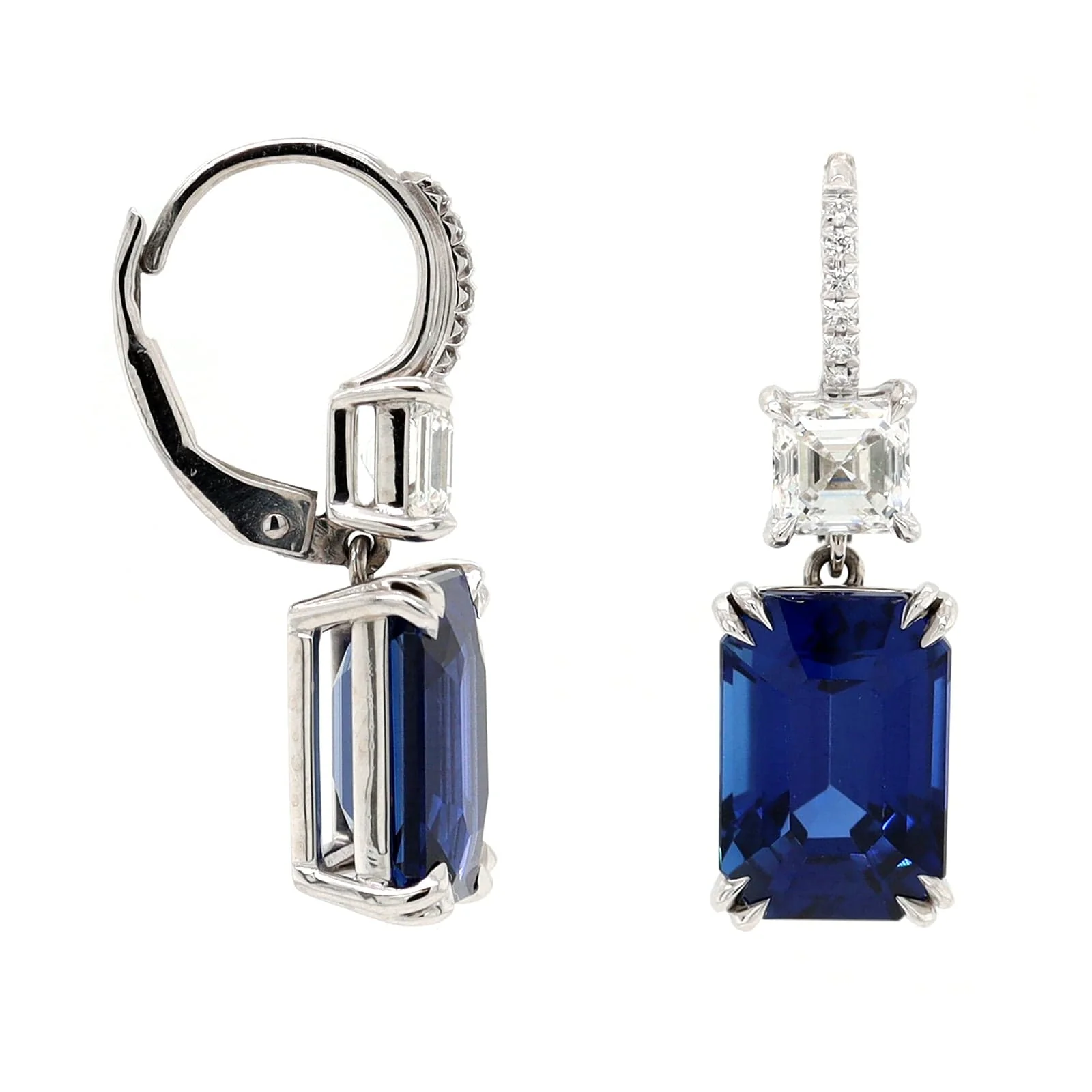 Platinum Asscher Cut Sapphire and Diamond Drop Earrings - Image 3