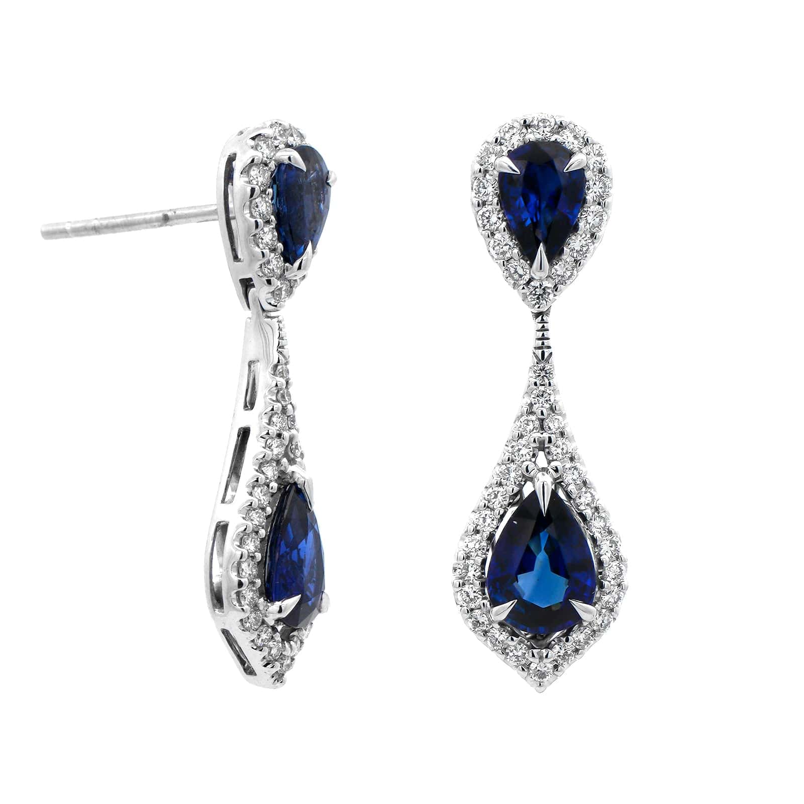 18K White Gold Blue Sapphire and Diamond Halo Drop Earrings - Image 3