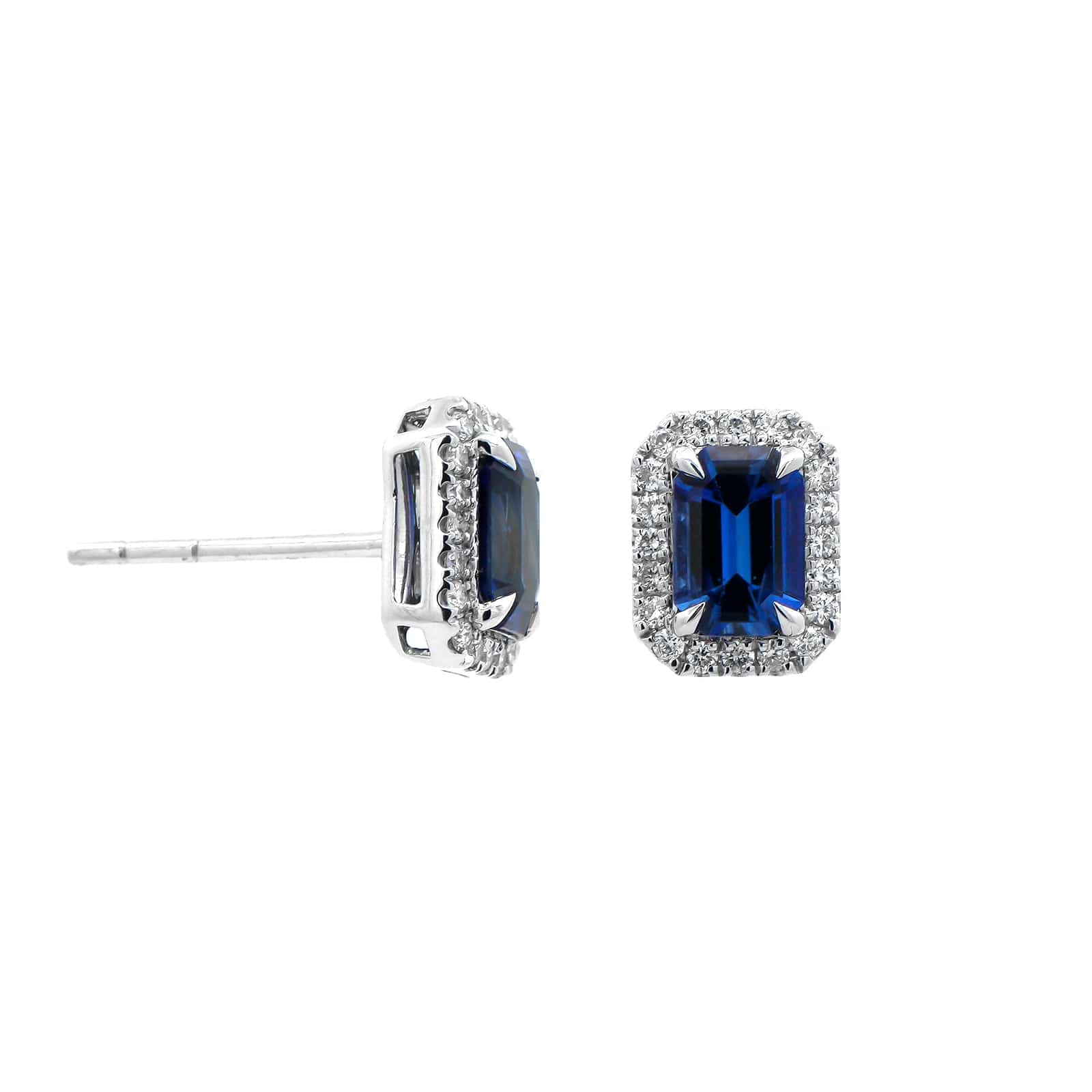 18K White Gold Octagonal Blue Sapphire and Diamond Stud Earrings