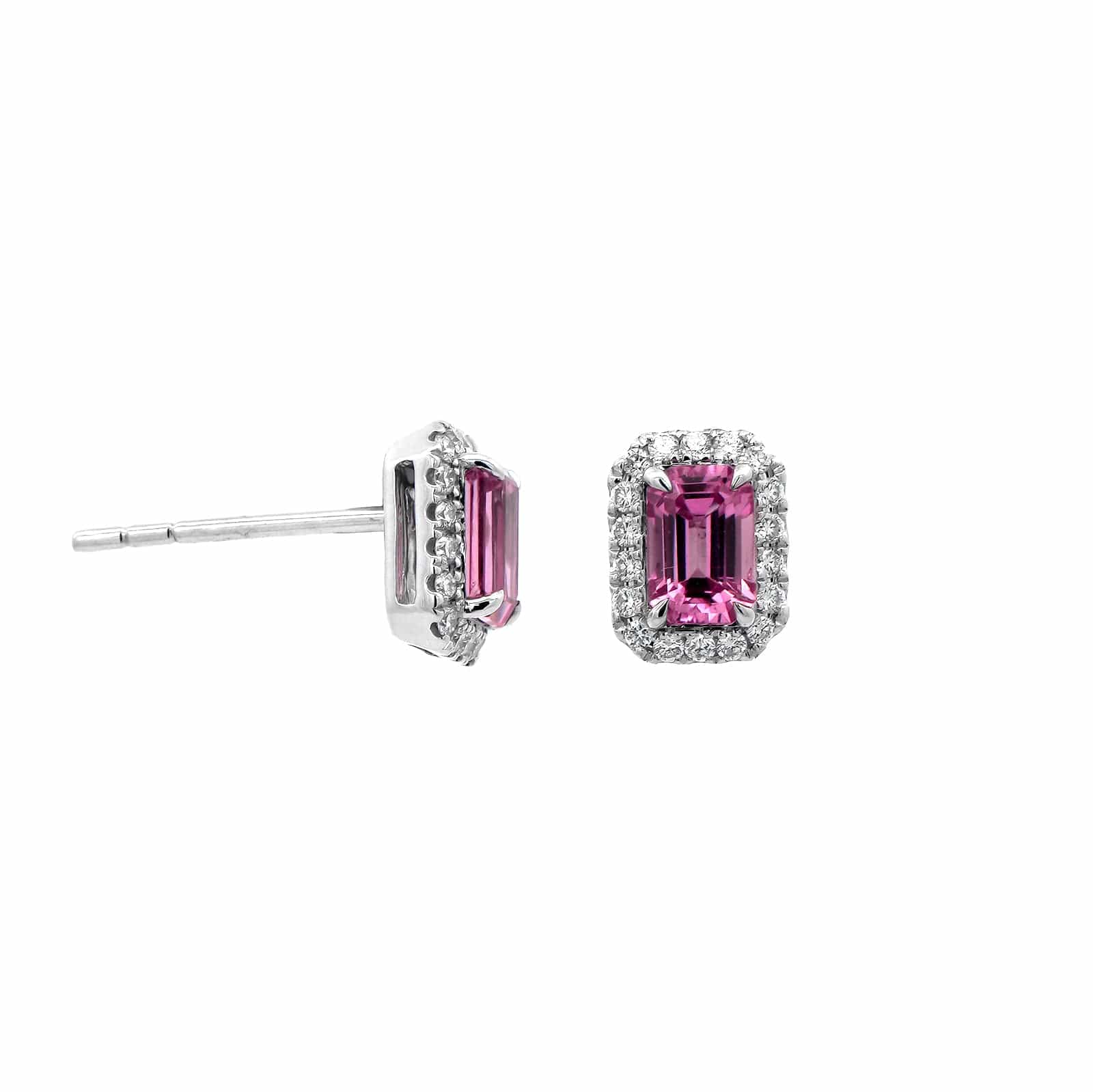 18K White Gold Octagonal Pink Sapphire and Diamond Stud Earrings - Image 3