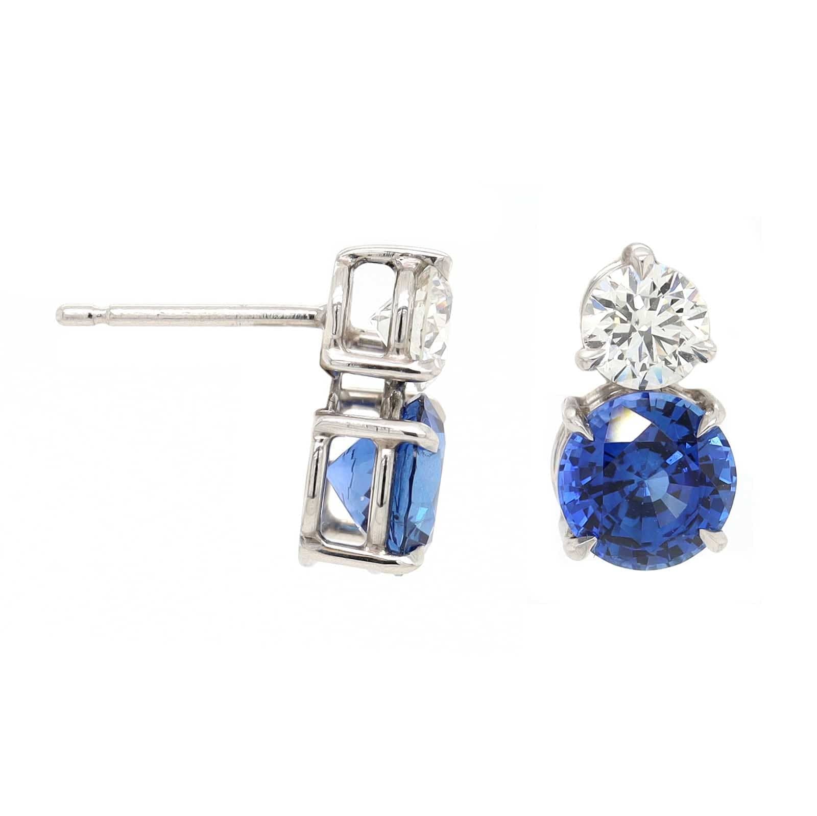 Platinum 2 Stone Round Sapphire and Diamond Stud Earrings - Image 3