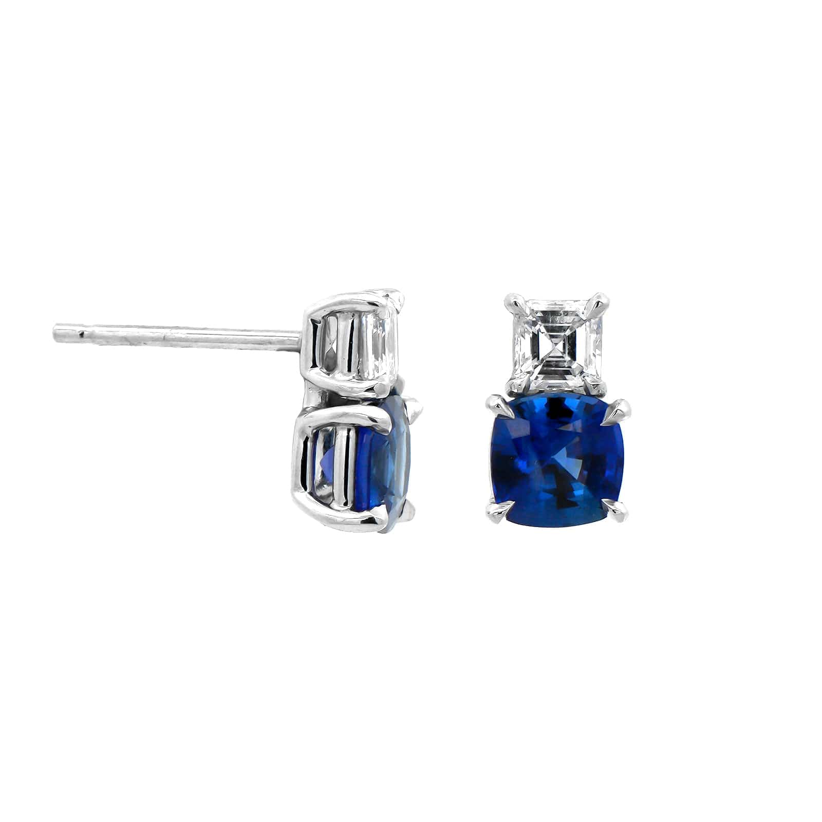 Platinum Diamond & Cushion Cut Sapphire Stud Earrings