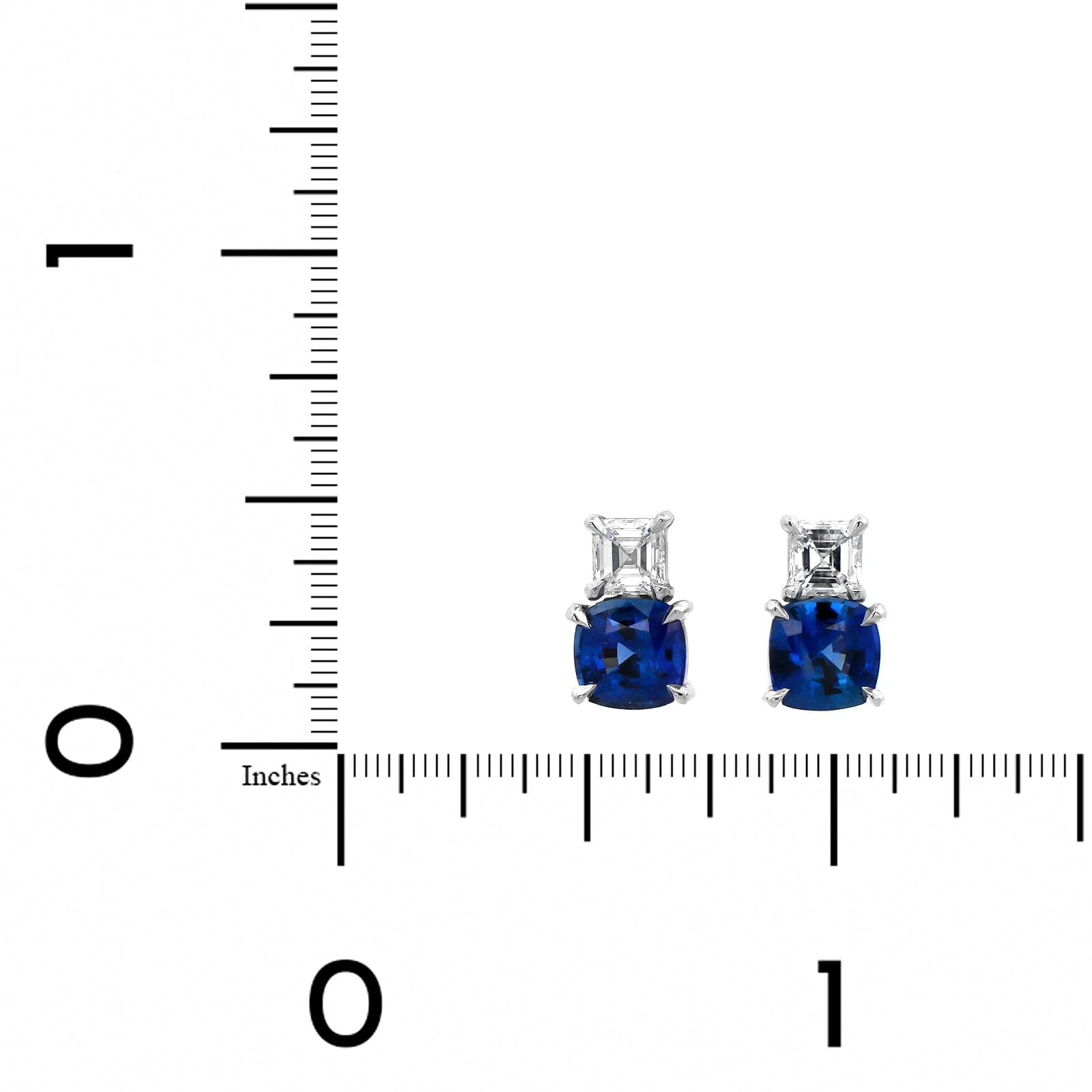 Platinum Diamond & Cushion Cut Sapphire Stud Earrings - Image 2