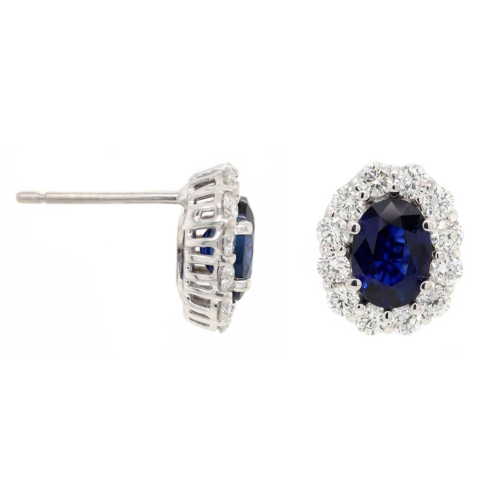 18K White Gold Oval Sapphire and Diamond Halo Stud Earrings