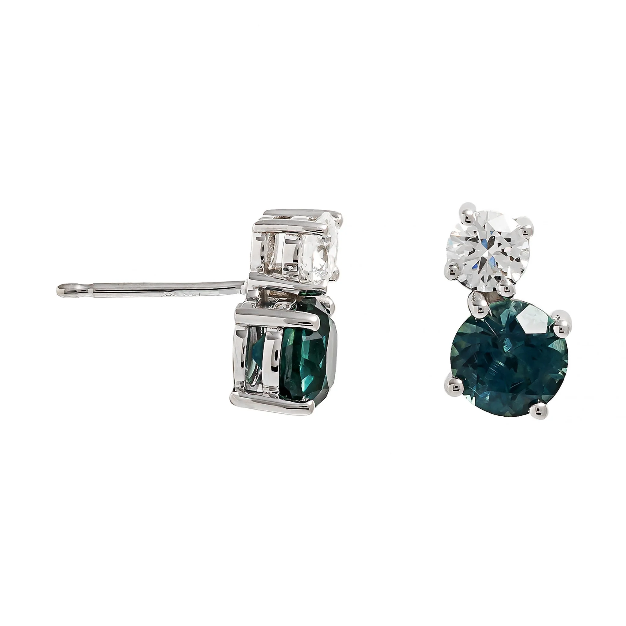 18K White Gold 2 Stone Diamond and Montana Blue Sapphire Stud Earrings - Image 3
