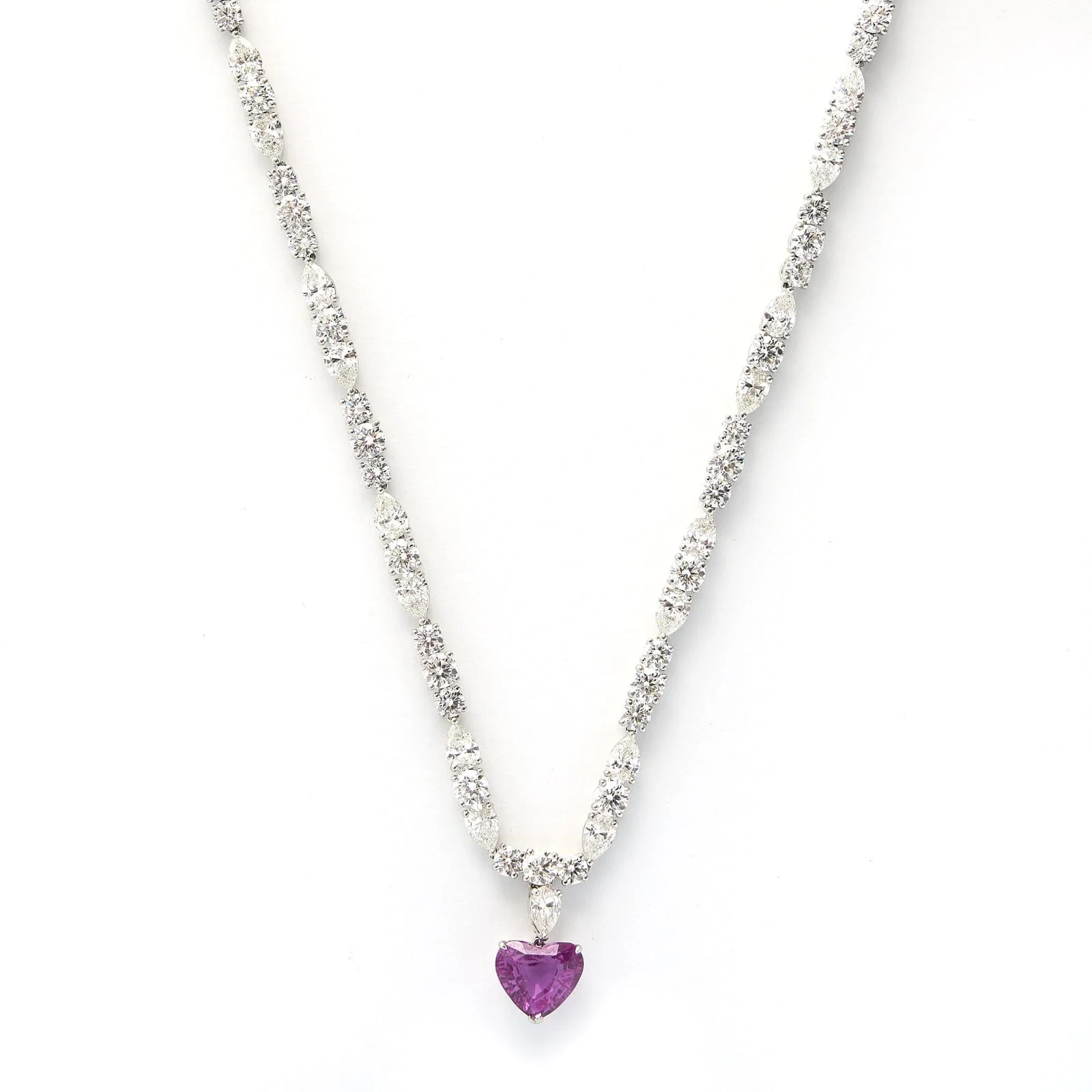 Platinum Heart Shape Pink Sapphire Diamond Necklace