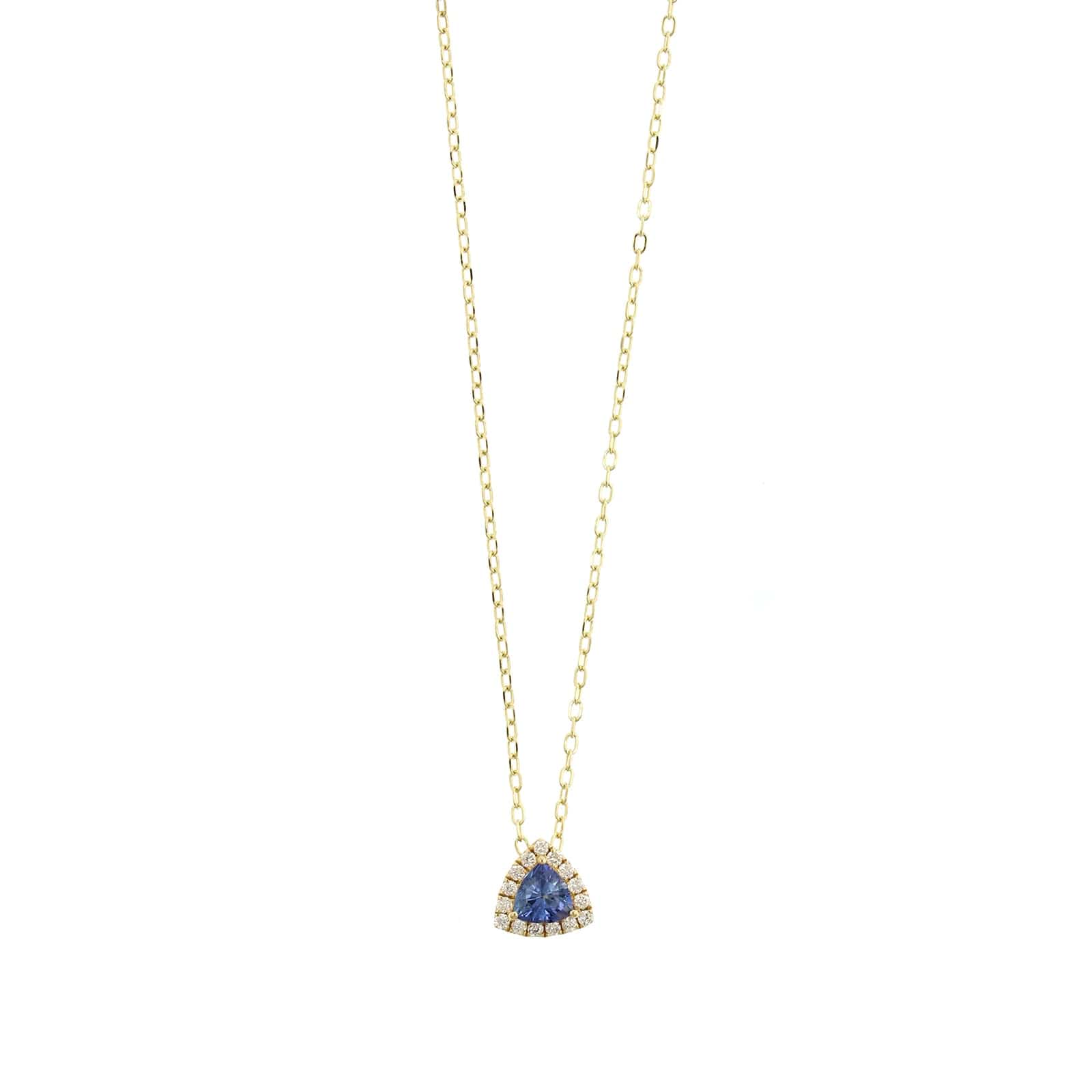 14K Yellow Gold Trillion Cut Blue Sapphire and Diamond Necklace