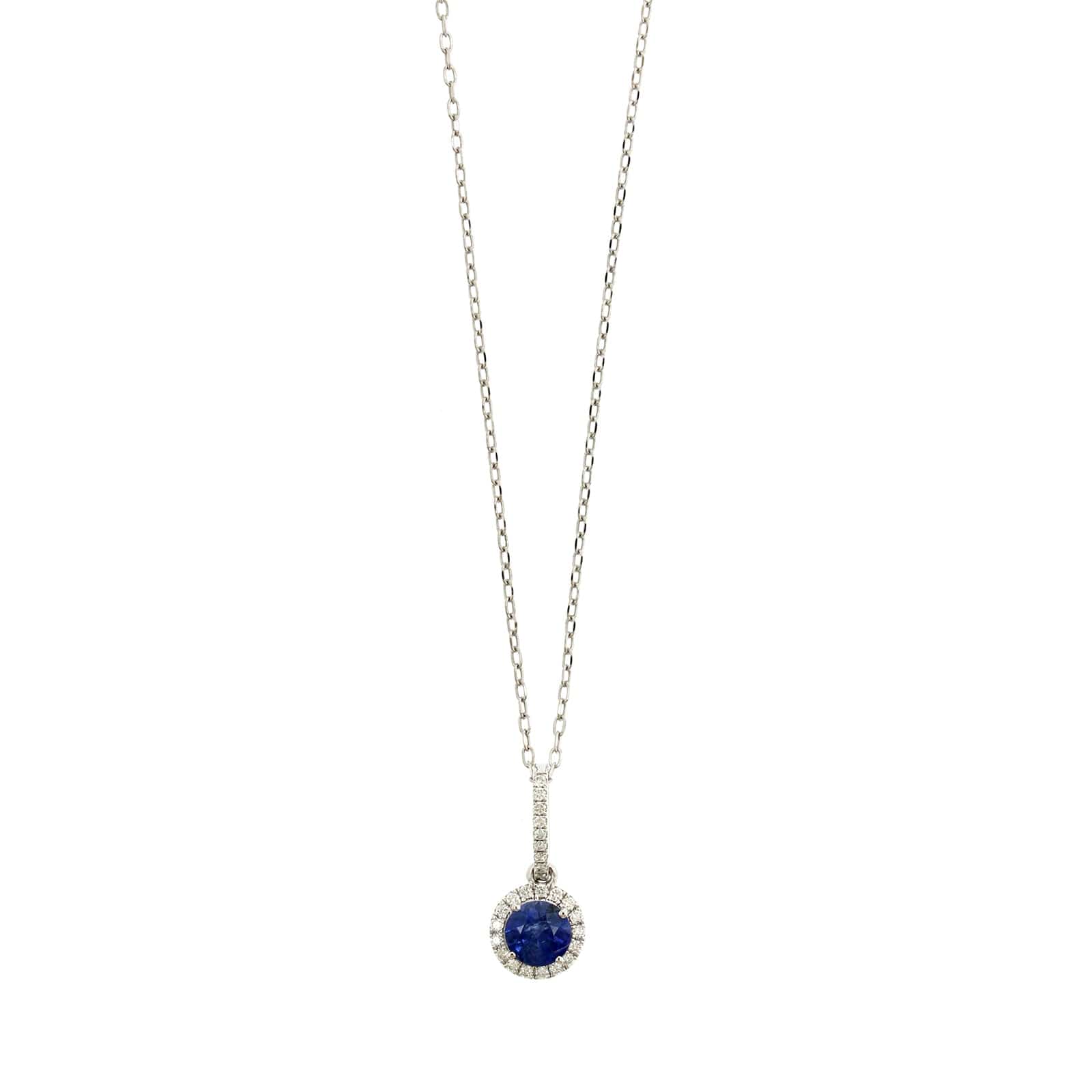 14K White Gold Round Blue Sapphire and Diamond Necklace