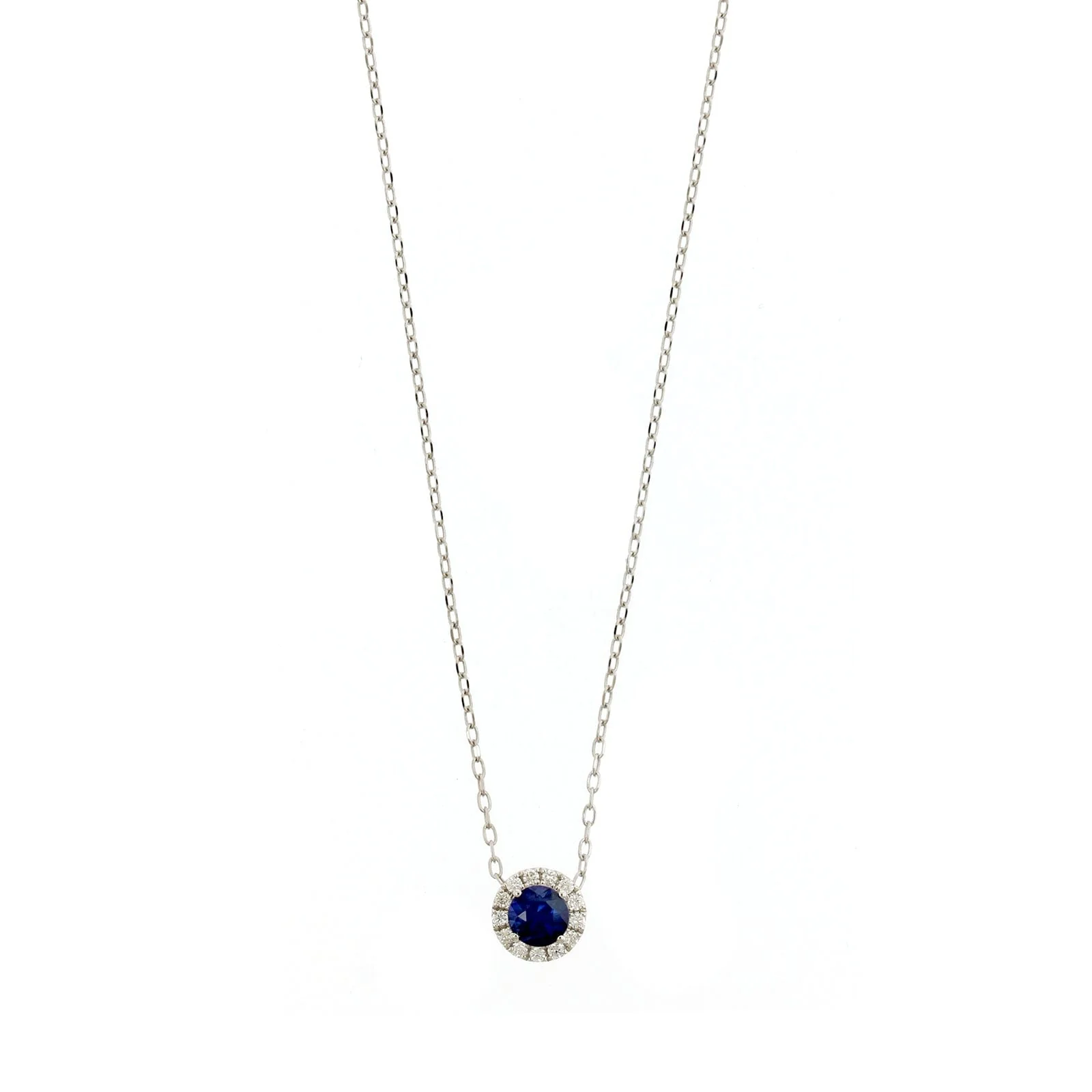 14K White Gold Round Blue Sapphire and Diamond Necklace