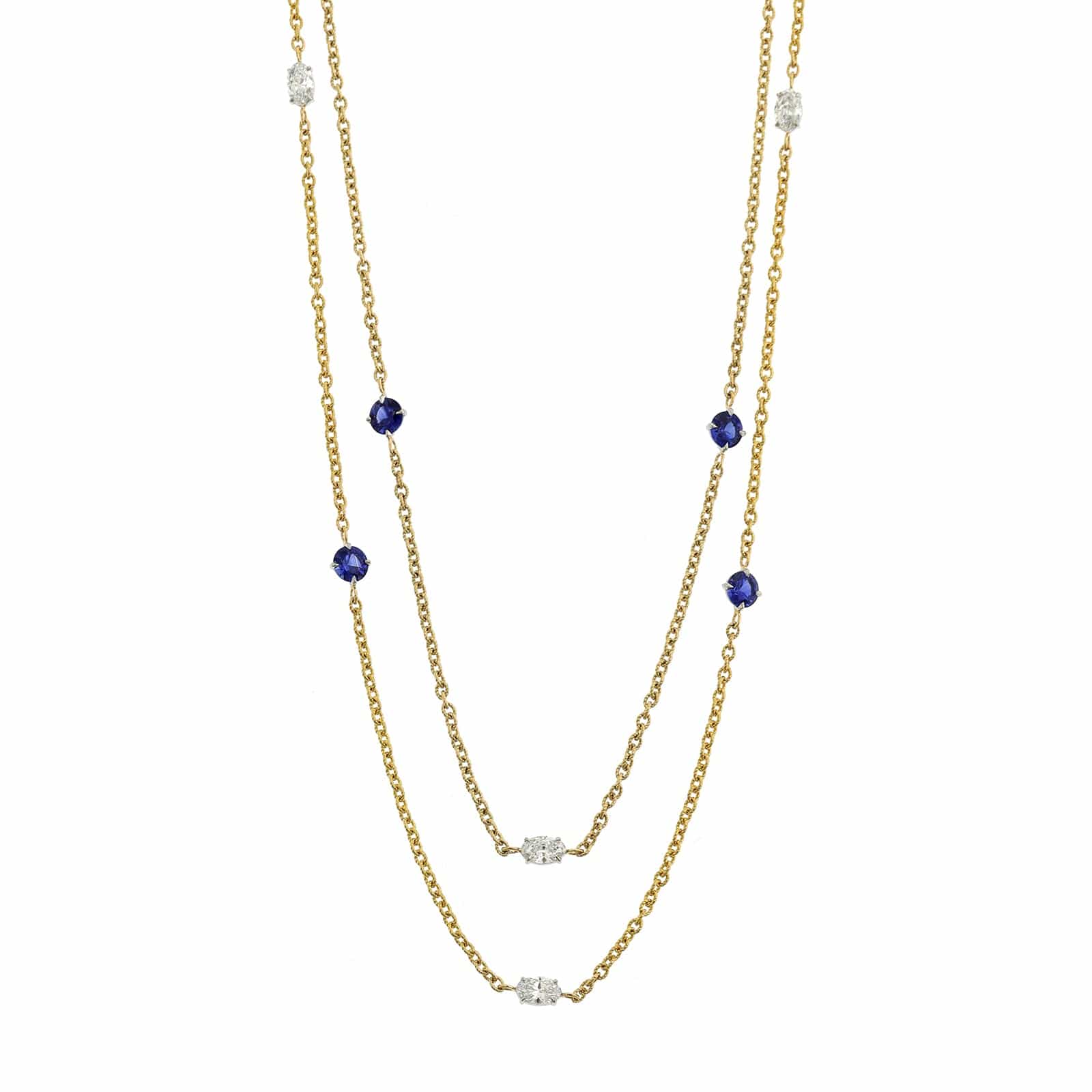 18K Yellow Gold Round Sapphire and Oval Diamond By The Yard Necklace - Image 5