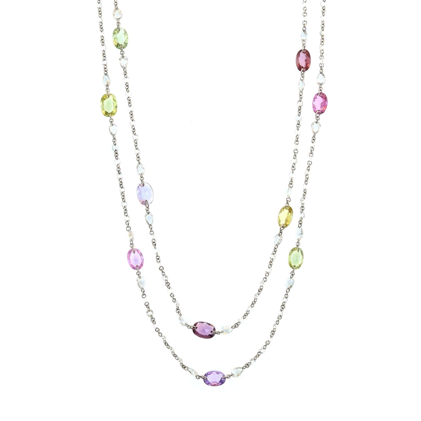 Platinum Multi Colored Sapphire and Rose Cut Diamond Necklace - Image 2