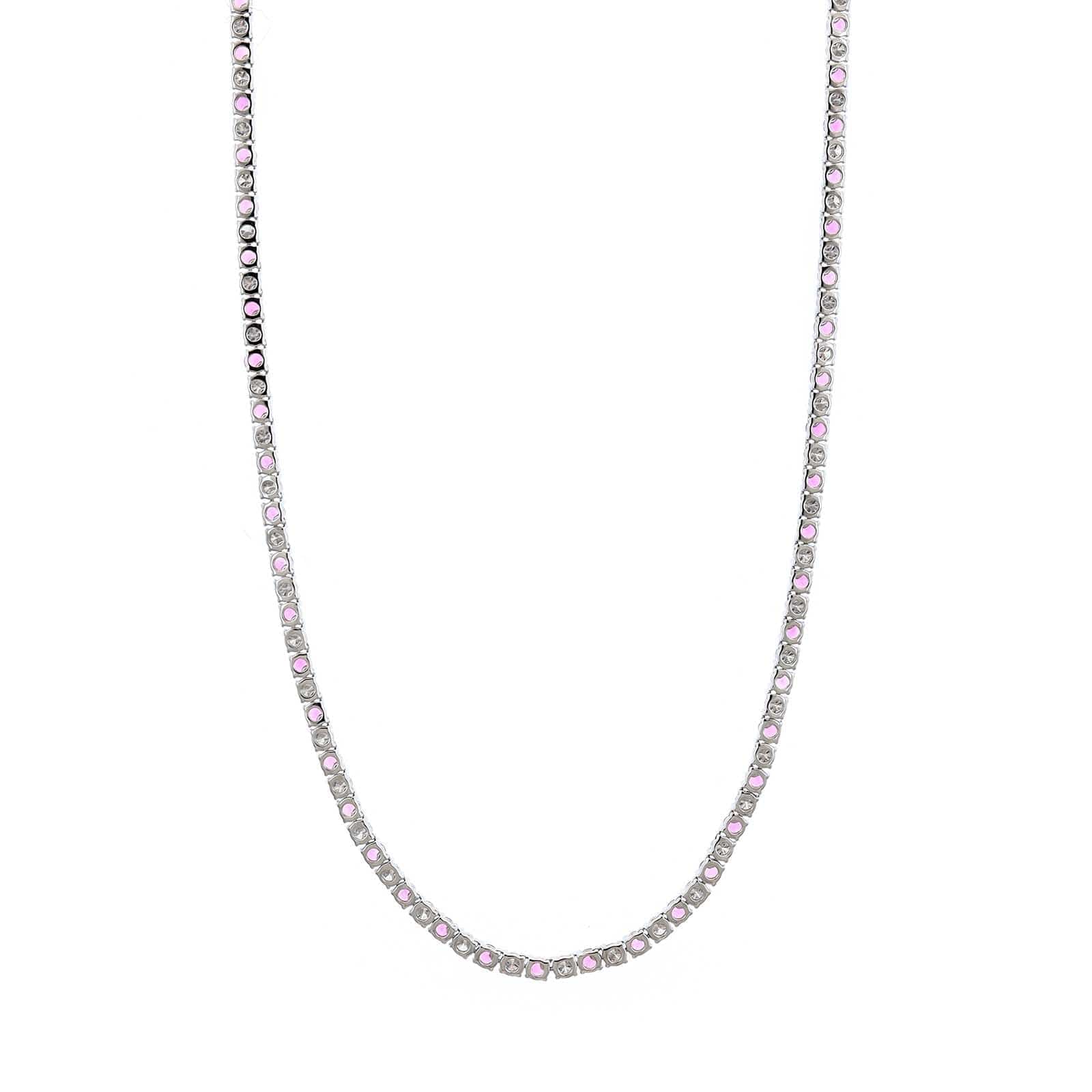 18K White Gold Alternating Round Pink Sapphire and Diamond Tennis Necklace - Image 2