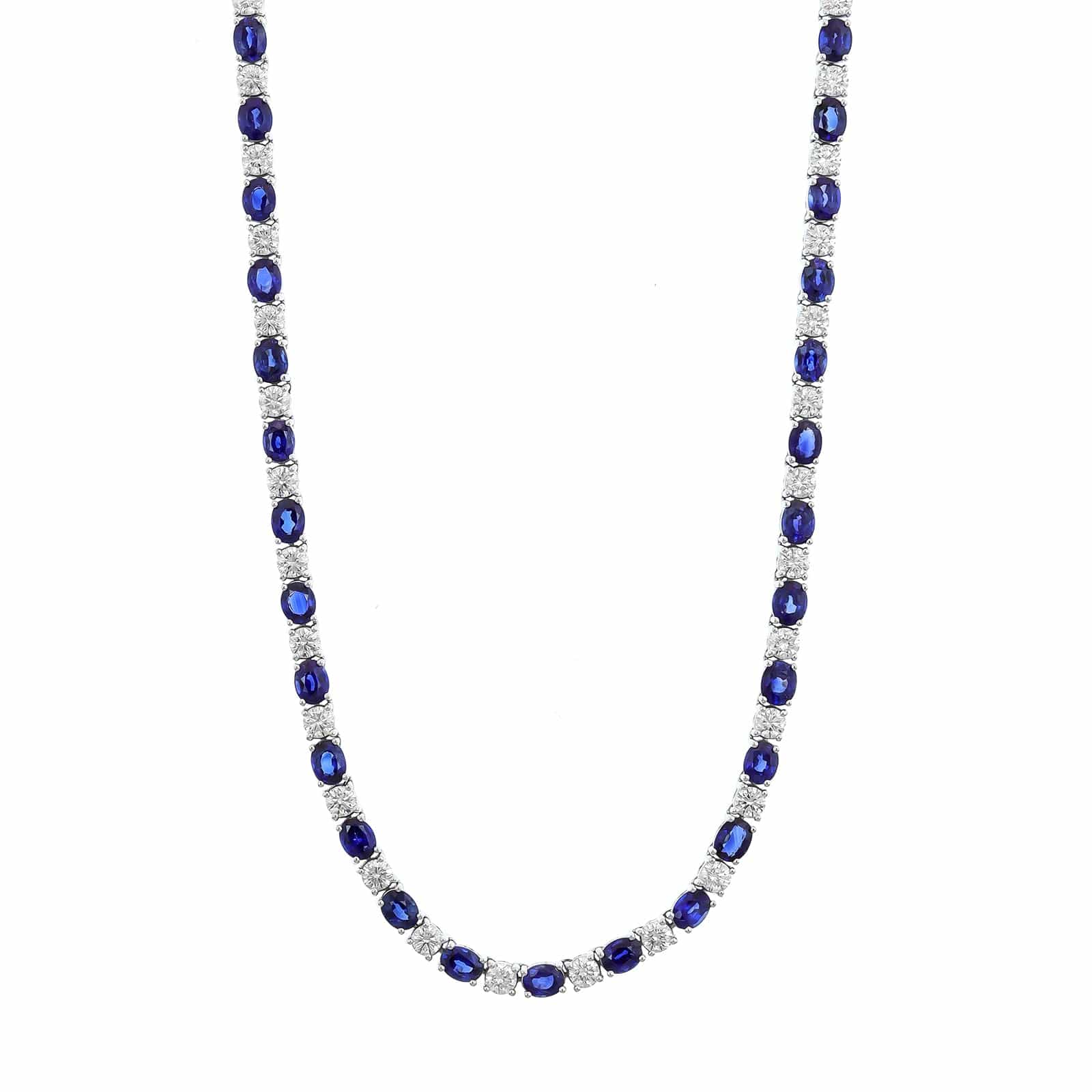 18K White Gold Alternating Oval Sapphire and Round Diamond Necklace
