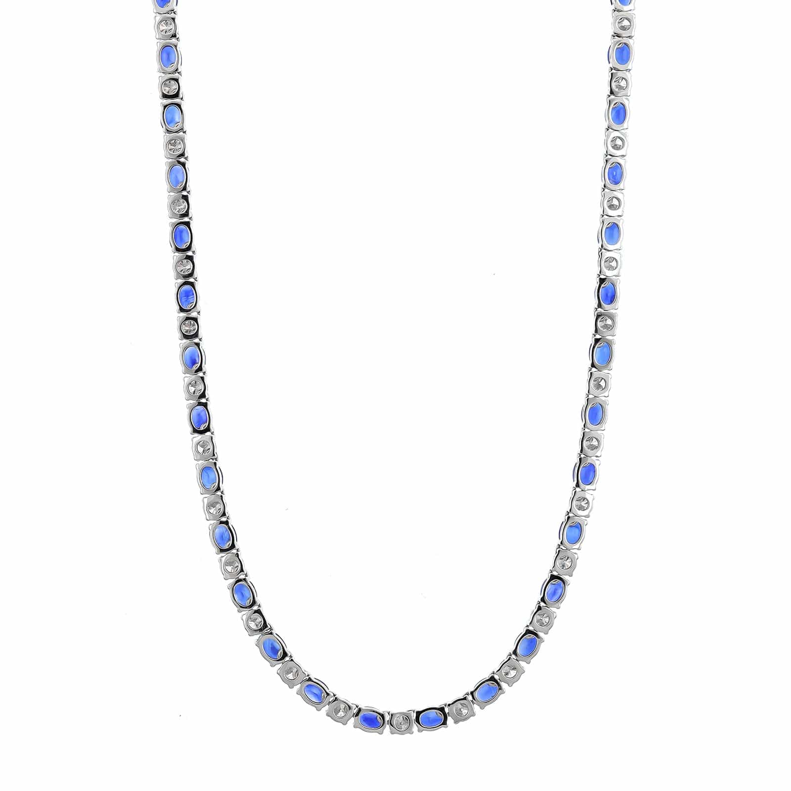 18K White Gold Alternating Oval Sapphire and Round Diamond Necklace - Image 2