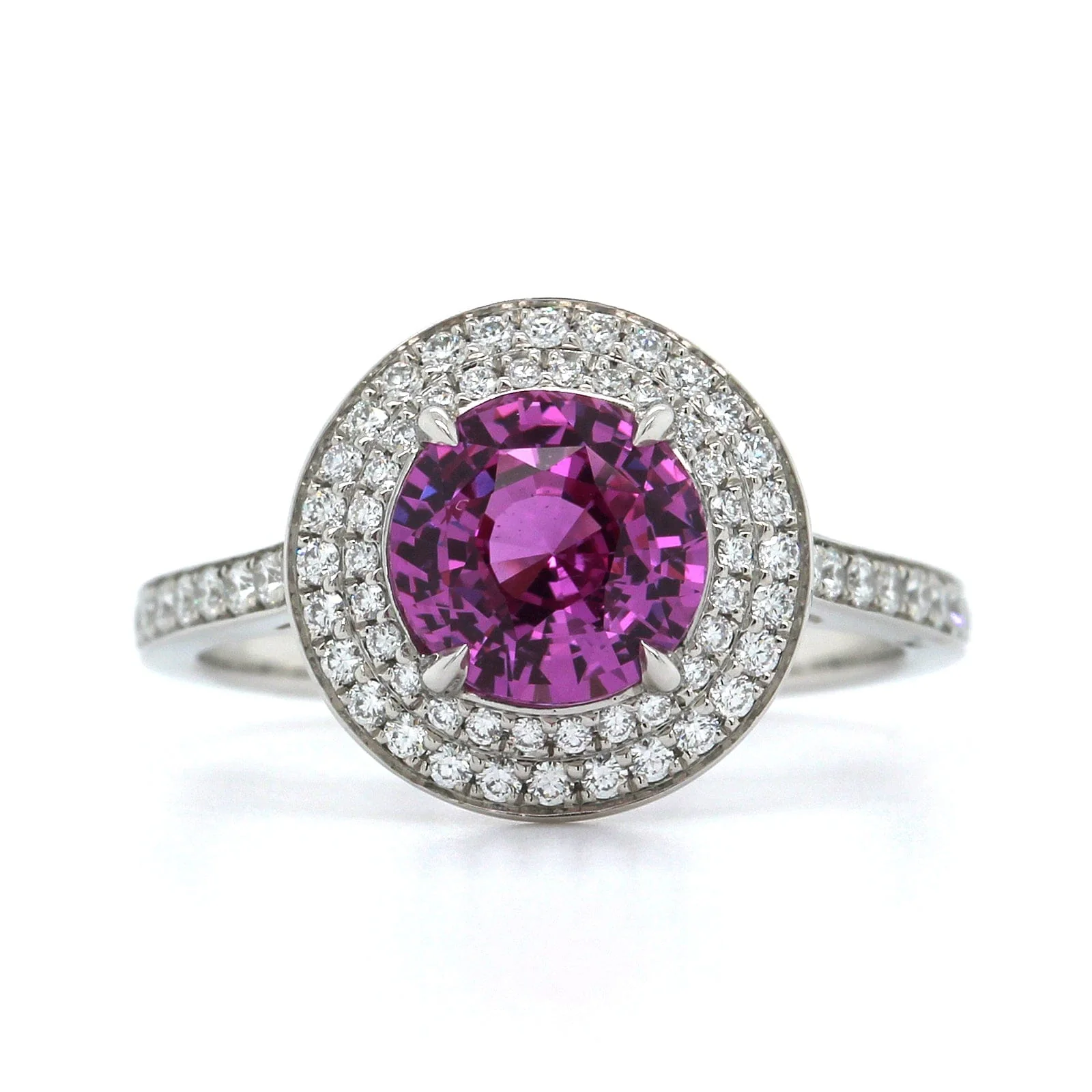 Platinum Round Pink Sapphire Double Diamond Halo Ring - Image 4